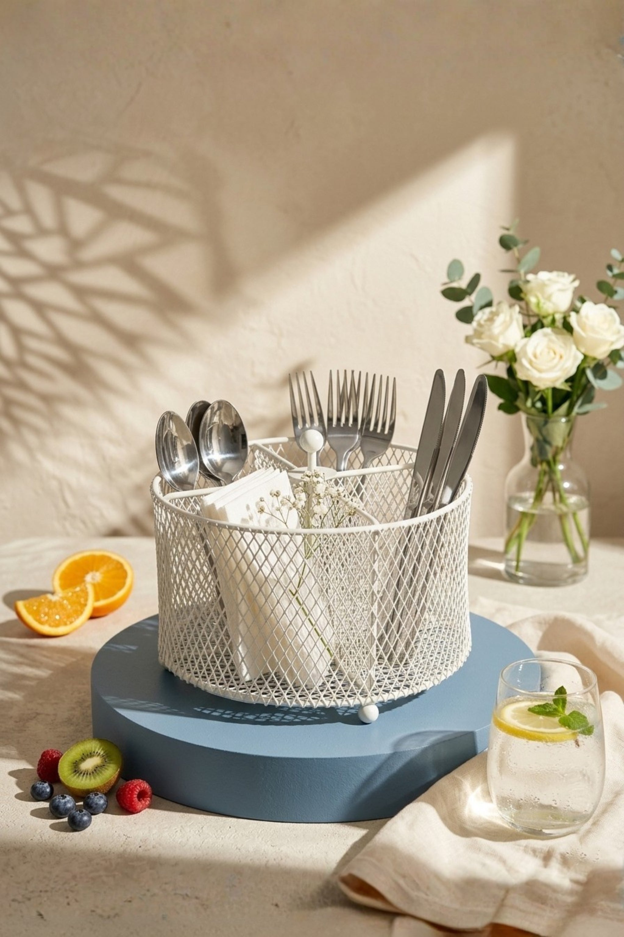 Premium Metal Cutlery Holder with Handle | 4 Compartment Utensil Caddy Basket Organizer | Portable Spoon, Fork, Knife & Napkin Stand for Kitchen, Dining Table & Home Storage