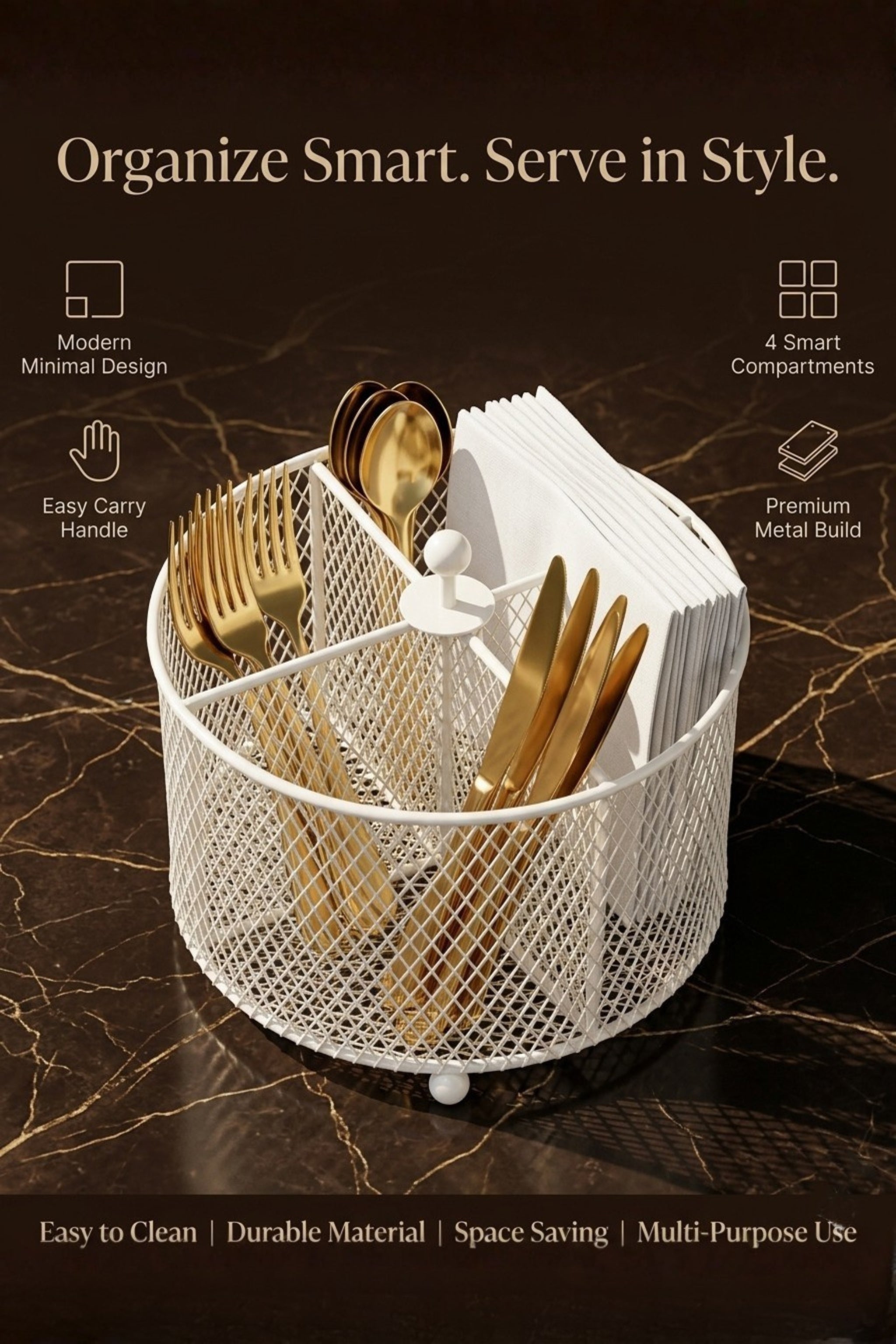 Premium Metal Cutlery Holder with Handle | 4 Compartment Utensil Caddy Basket Organizer | Portable Spoon, Fork, Knife & Napkin Stand for Kitchen, Dining Table & Home Storage