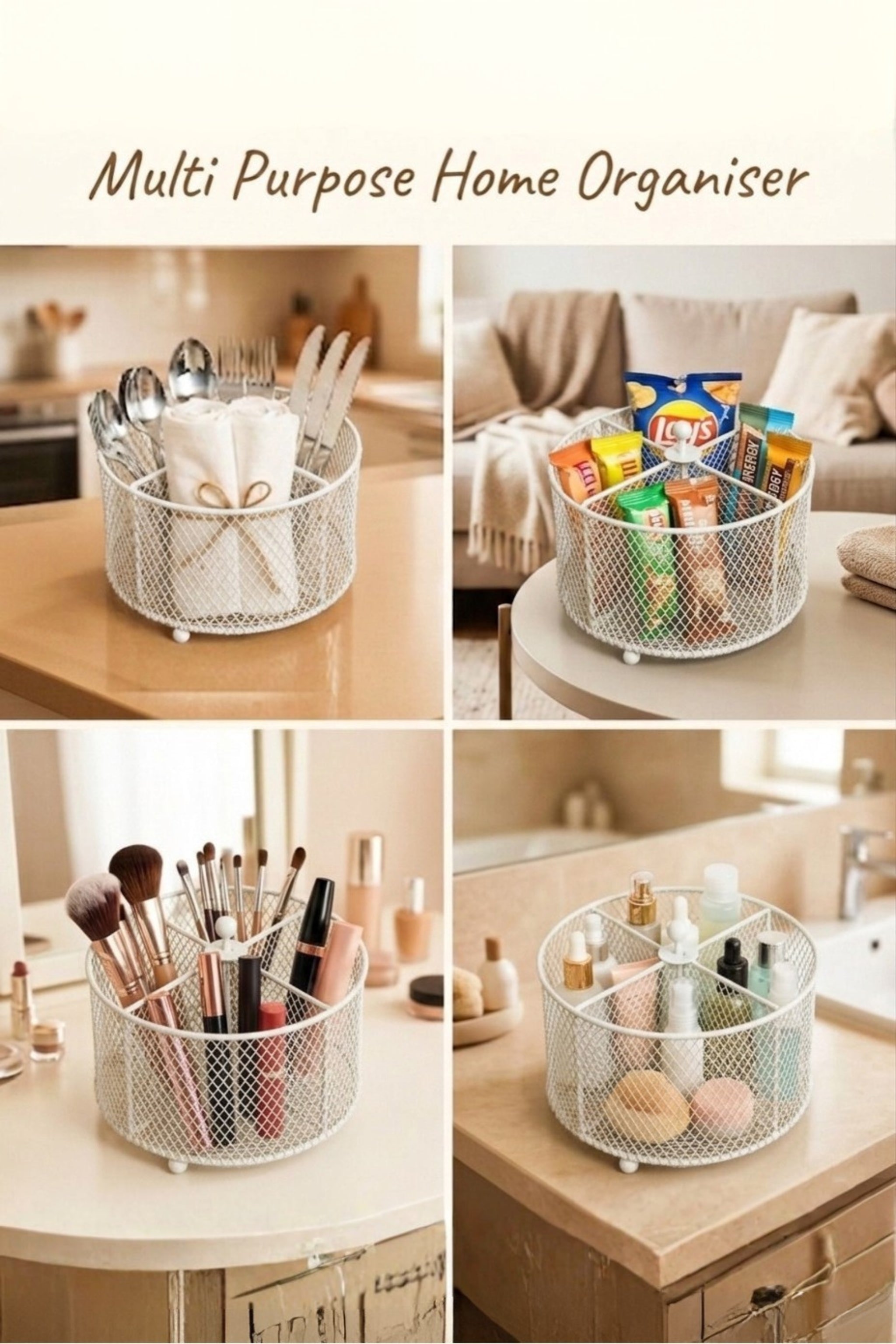 Premium Metal Cutlery Holder with Handle | 4 Compartment Utensil Caddy Basket Organizer | Portable Spoon, Fork, Knife & Napkin Stand for Kitchen, Dining Table & Home Storage