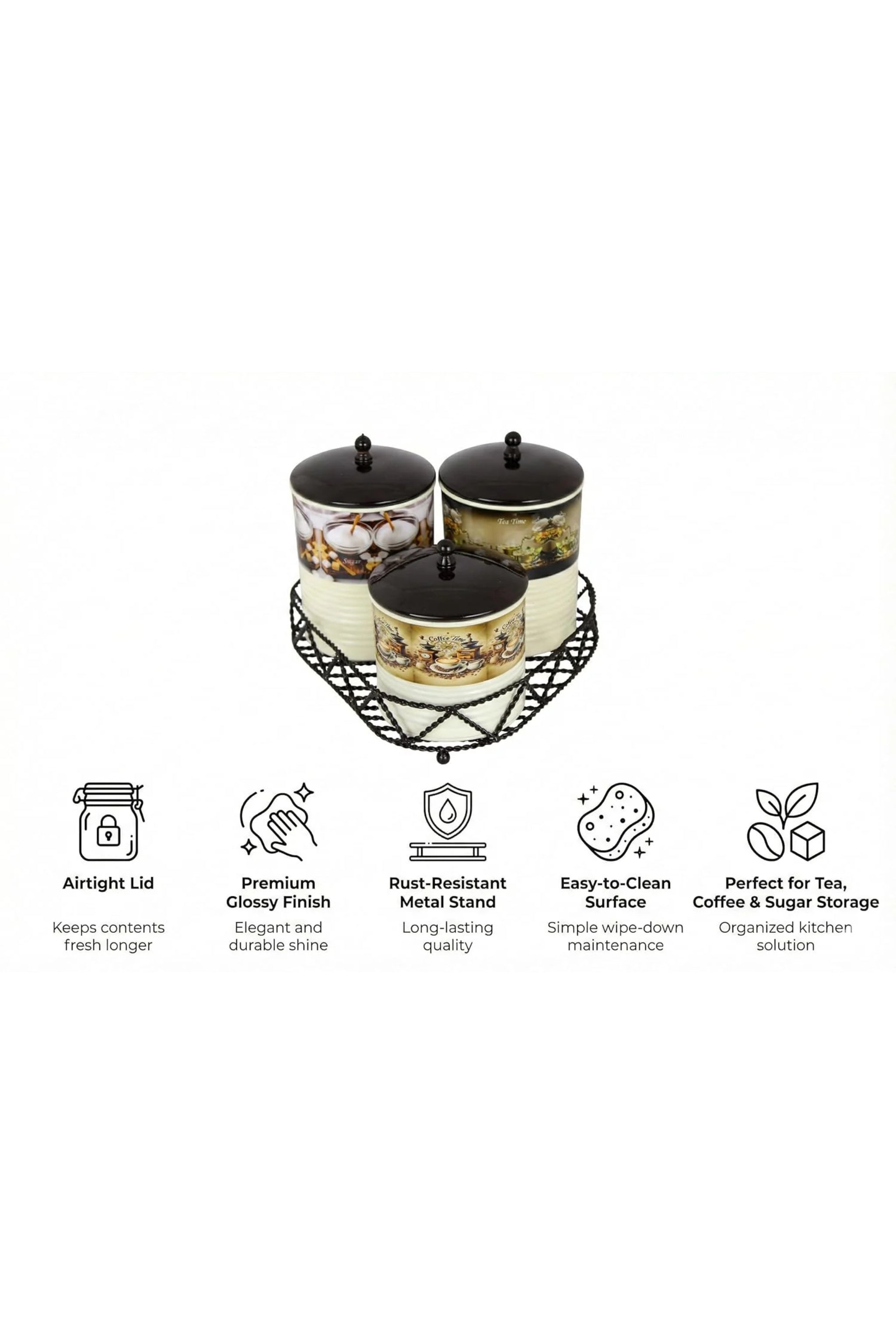 Premium Metal Tea Coffee Sugar Container Set of 3 with Stand Holder | Printed Cream Finish Airtight Kitchen Storage Jars | Luxury Organizer for Home & Kitchen