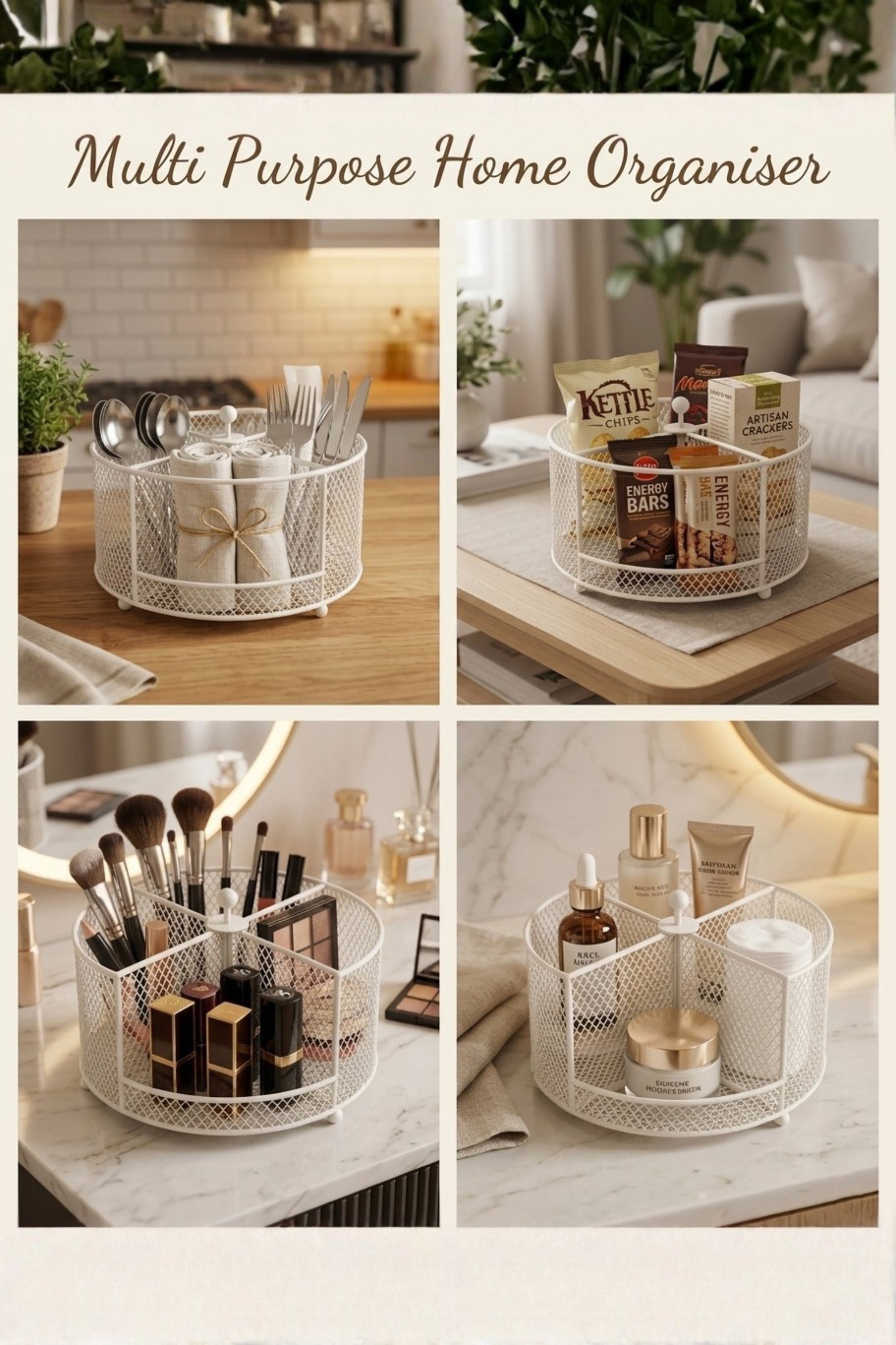 Premium Metal Cutlery Holder with Handle | 4 Compartment Utensil Caddy Basket Organizer | Portable Spoon, Fork, Knife & Napkin Stand for Kitchen, Dining Table & Home Storage