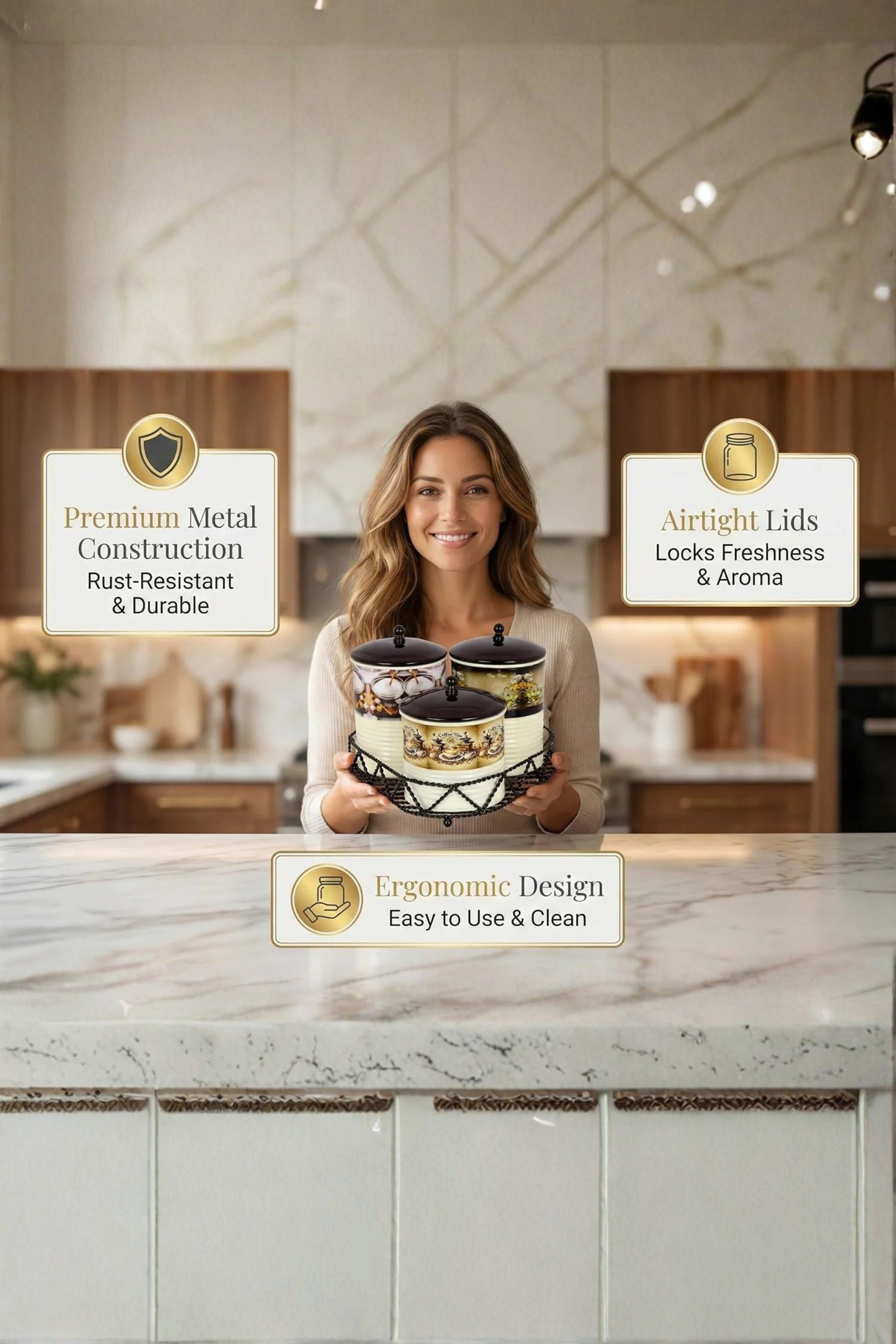 Premium Metal Tea Coffee Sugar Container Set of 3 with Stand Holder | Printed Cream Finish Airtight Kitchen Storage Jars | Luxury Organizer for Home & Kitchen