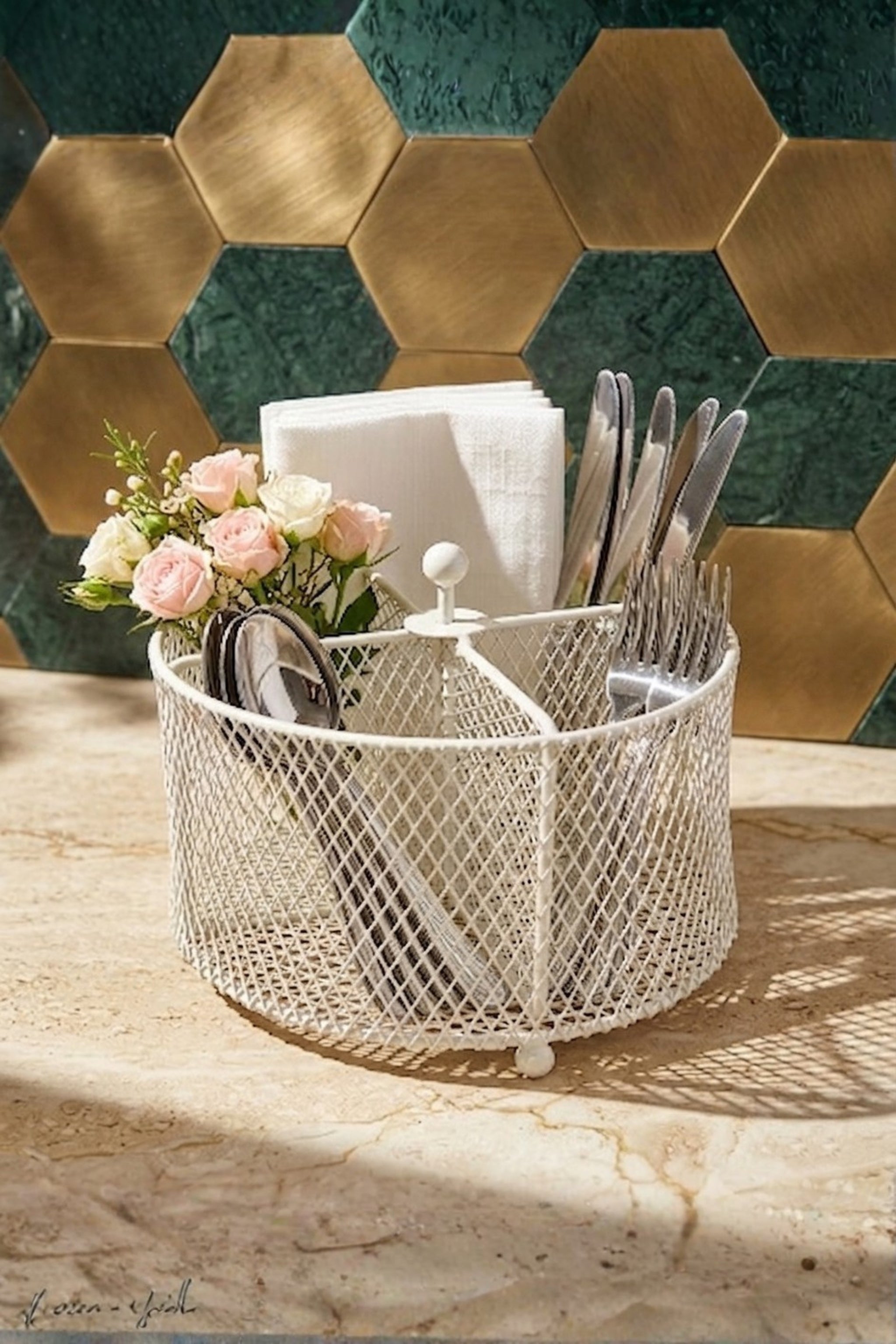Premium Metal Cutlery Holder with Handle | 4 Compartment Utensil Caddy Basket Organizer | Portable Spoon, Fork, Knife & Napkin Stand for Kitchen, Dining Table & Home Storage