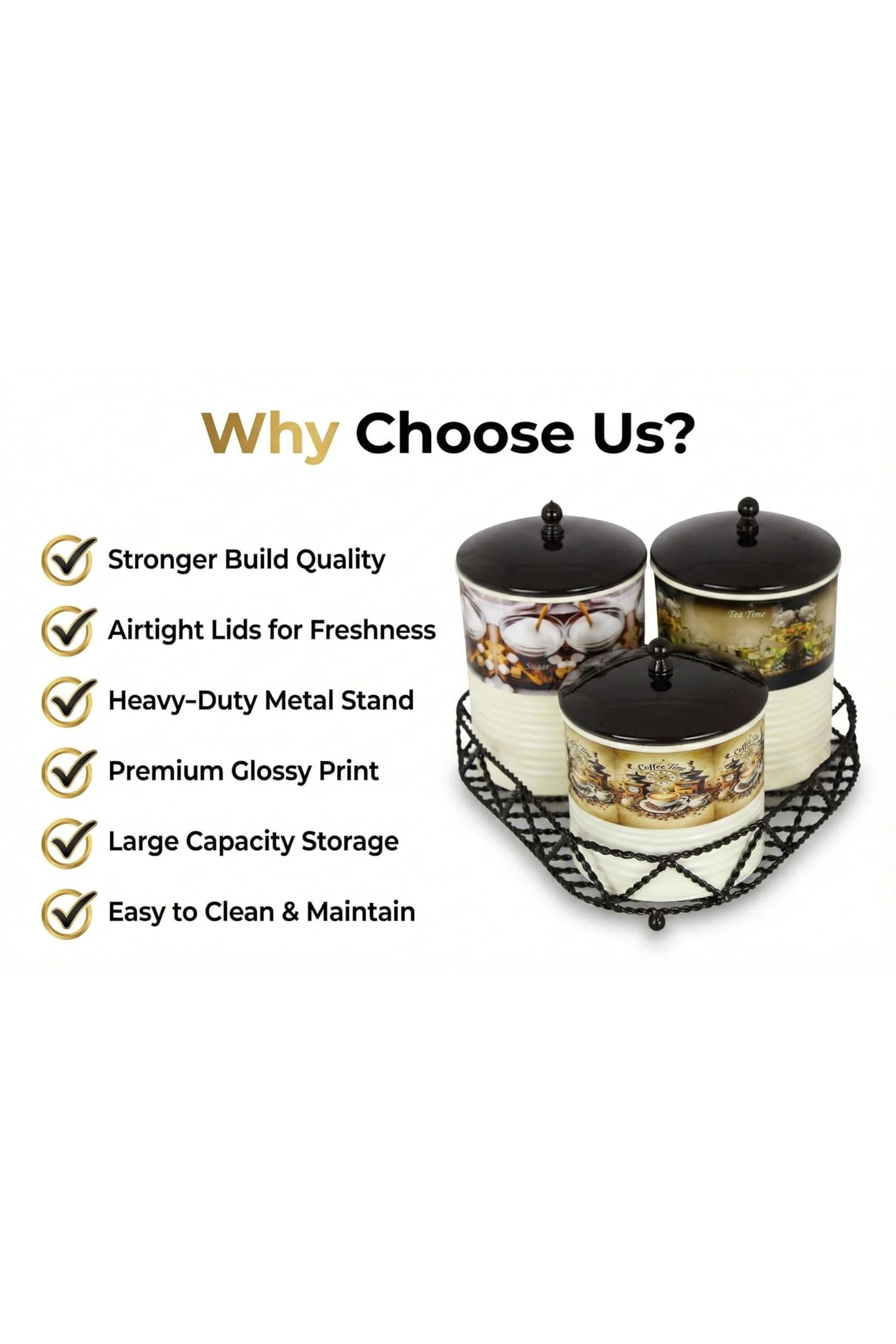 Premium Metal Tea Coffee Sugar Container Set of 3 with Stand Holder | Printed Cream Finish Airtight Kitchen Storage Jars | Luxury Organizer for Home & Kitchen