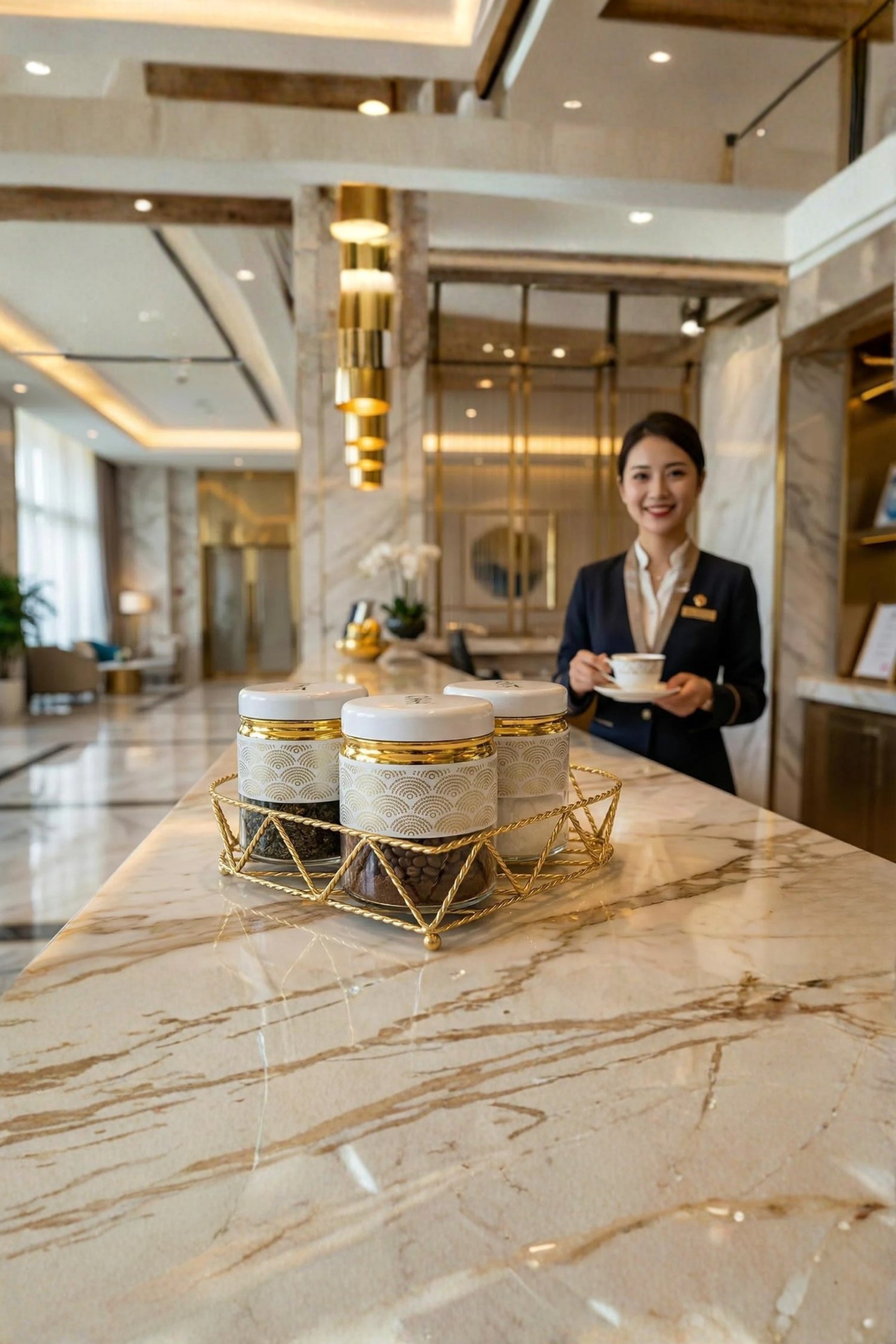 Premium Glass Tea Coffee Sugar Container Set of 3 with Golden Stand Holder | White & Gold Airtight Kitchen Storage Jars | Luxury Organizer for Home & Kitchen