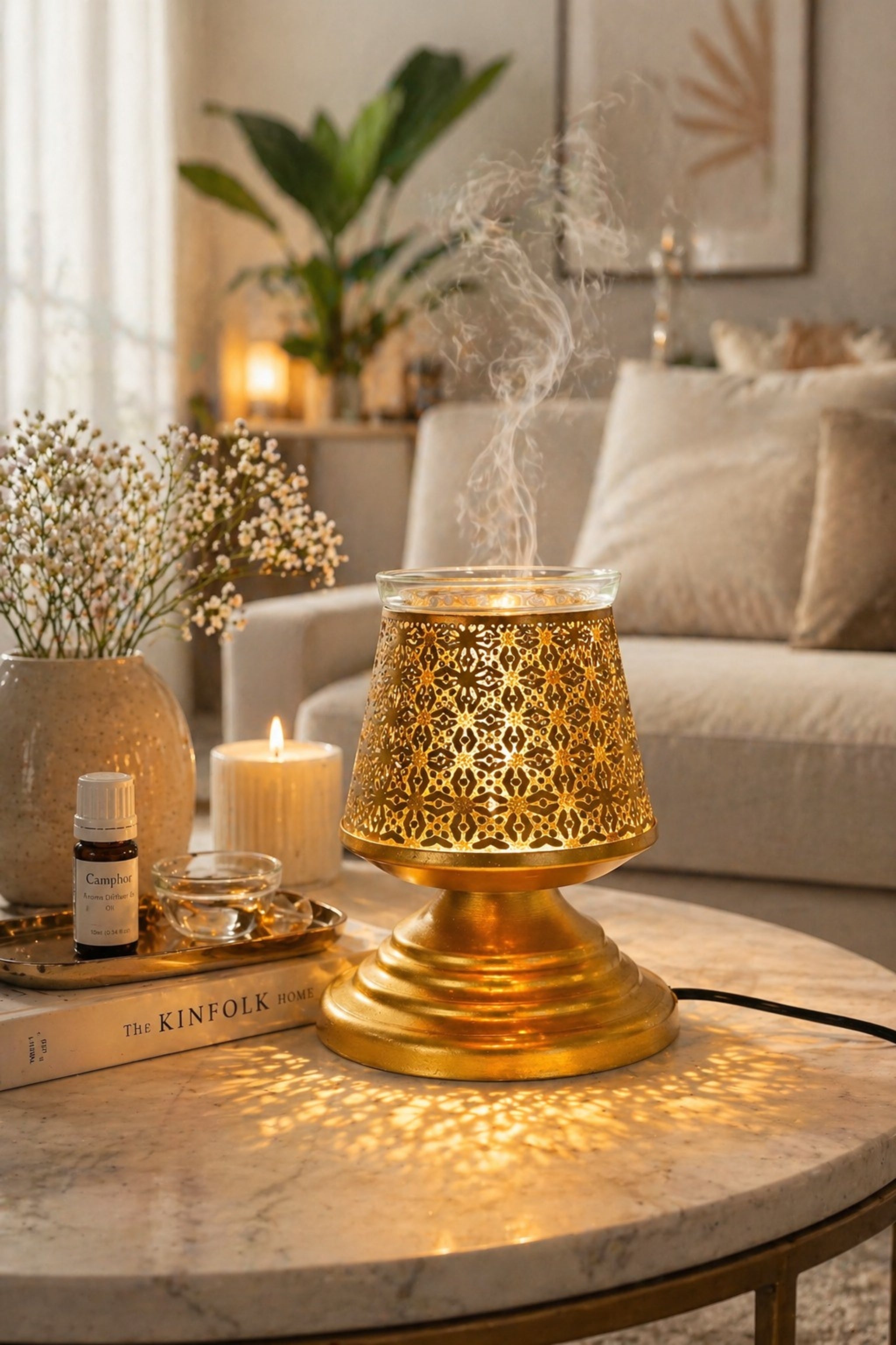 Metal Electric Aroma Diffuser Burner | Bulb Heat Oil Warmer Lamp | Fragrance Diffuser for Home, Office, Spa & Meditation | Free 10 ml Aroma Oil Included (Gold)