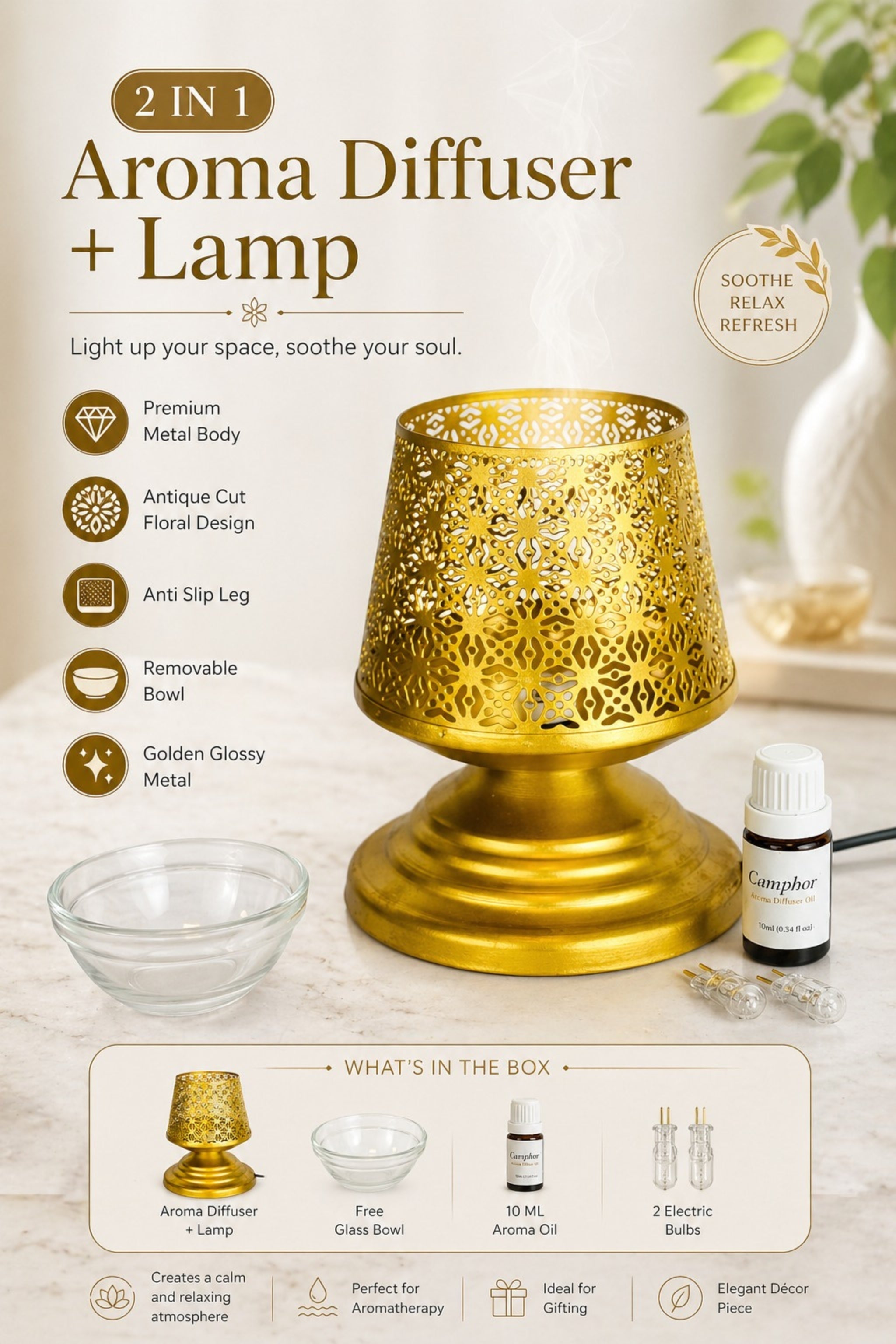 Metal Electric Aroma Diffuser Burner | Bulb Heat Oil Warmer Lamp | Fragrance Diffuser for Home, Office, Spa & Meditation | Free 10 ml Aroma Oil Included (Gold)