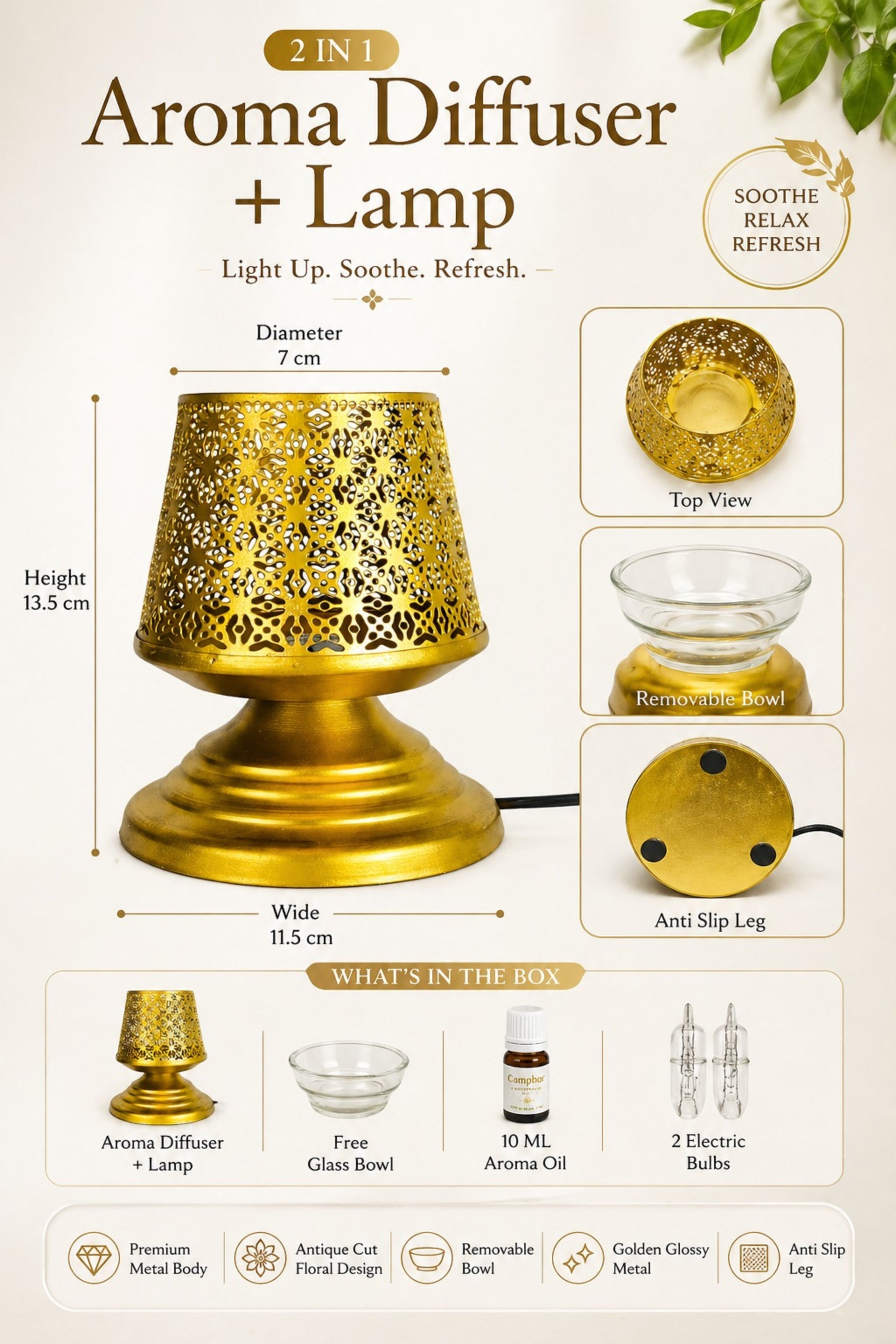 Metal Electric Aroma Diffuser Burner | Bulb Heat Oil Warmer Lamp | Fragrance Diffuser for Home, Office, Spa & Meditation | Free 10 ml Aroma Oil Included (Gold)