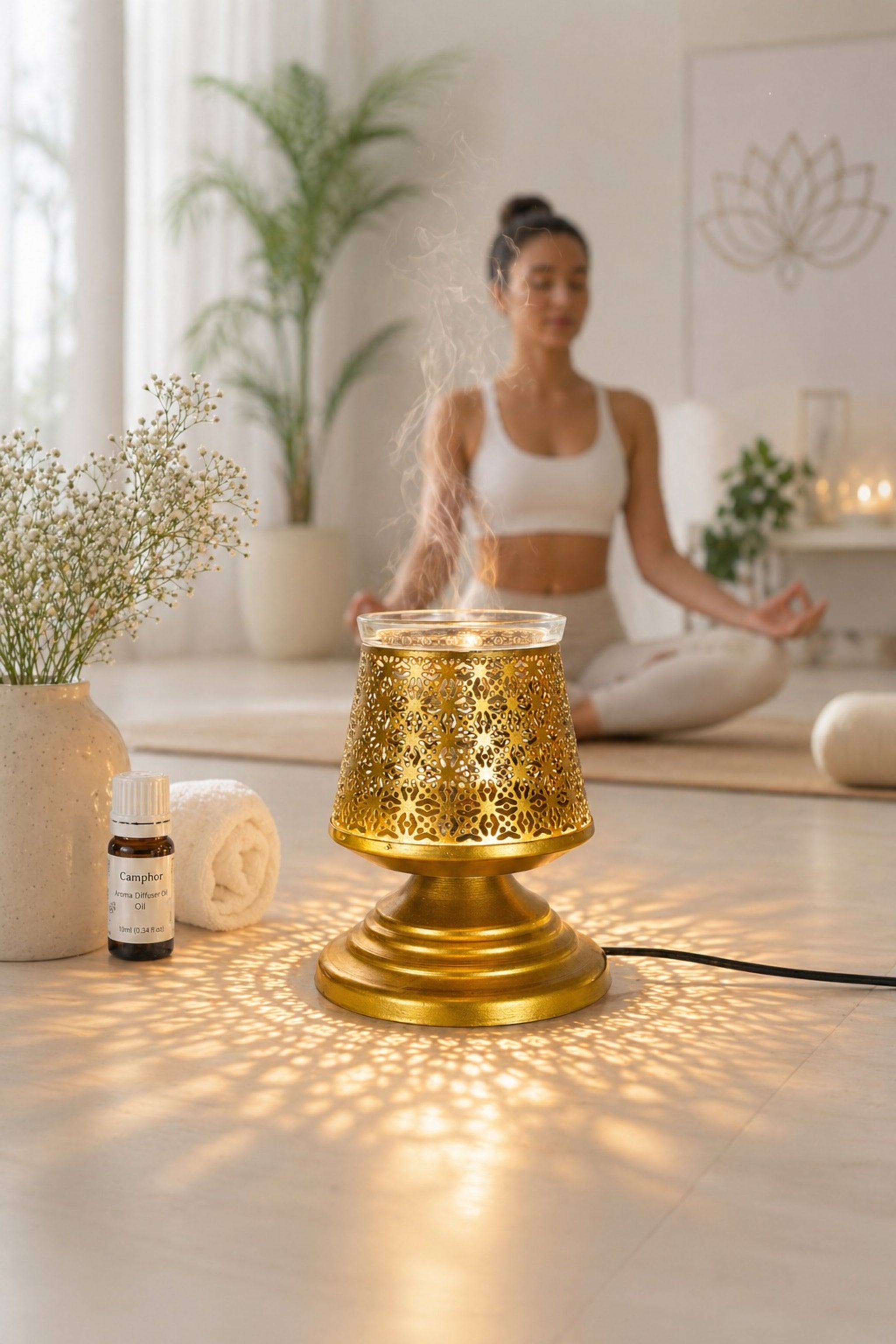 Metal Electric Aroma Diffuser Burner | Bulb Heat Oil Warmer Lamp | Fragrance Diffuser for Home, Office, Spa & Meditation | Free 10 ml Aroma Oil Included (Gold)