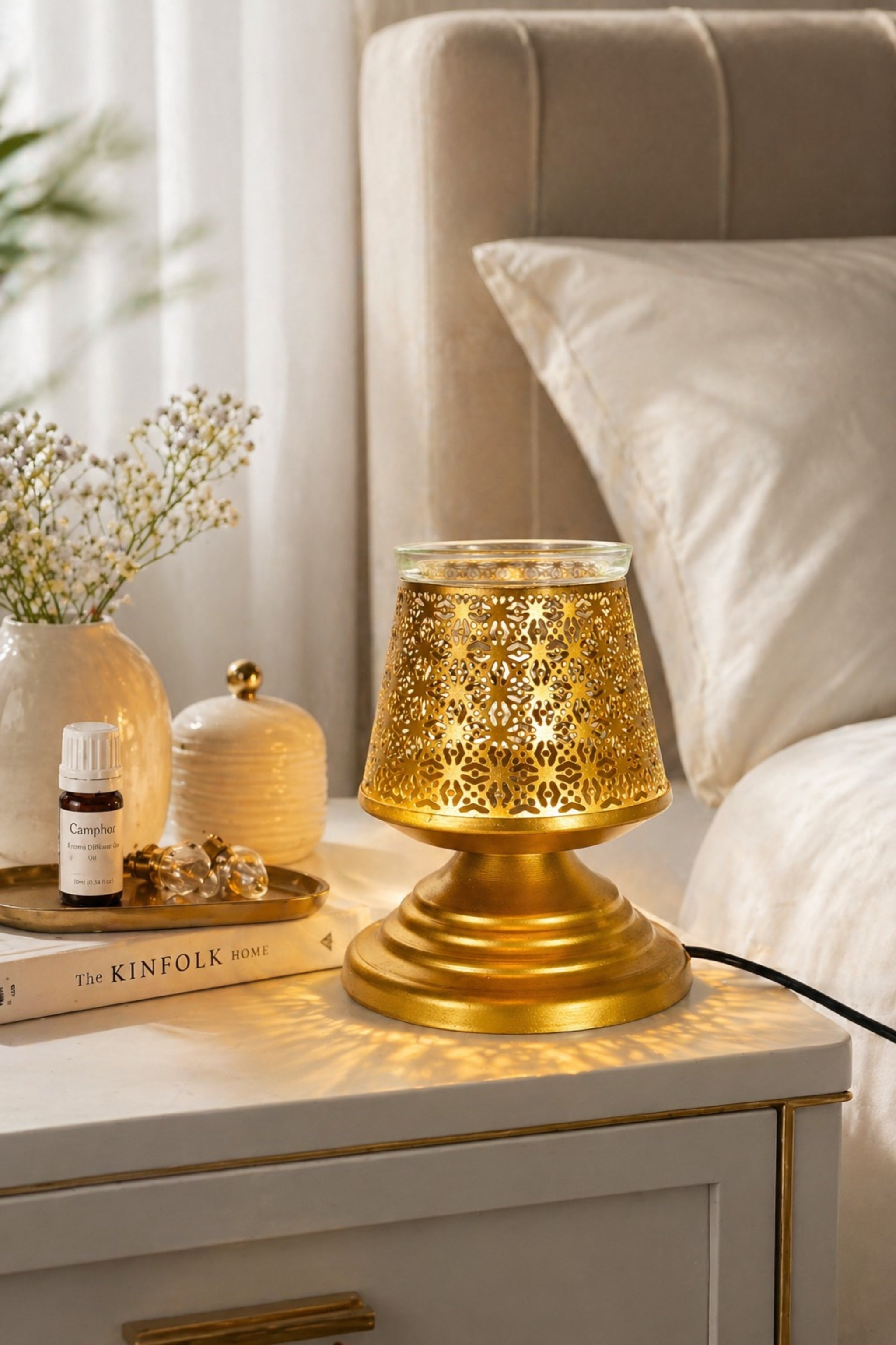 Metal Electric Aroma Diffuser Burner | Bulb Heat Oil Warmer Lamp | Fragrance Diffuser for Home, Office, Spa & Meditation | Free 10 ml Aroma Oil Included (Gold)