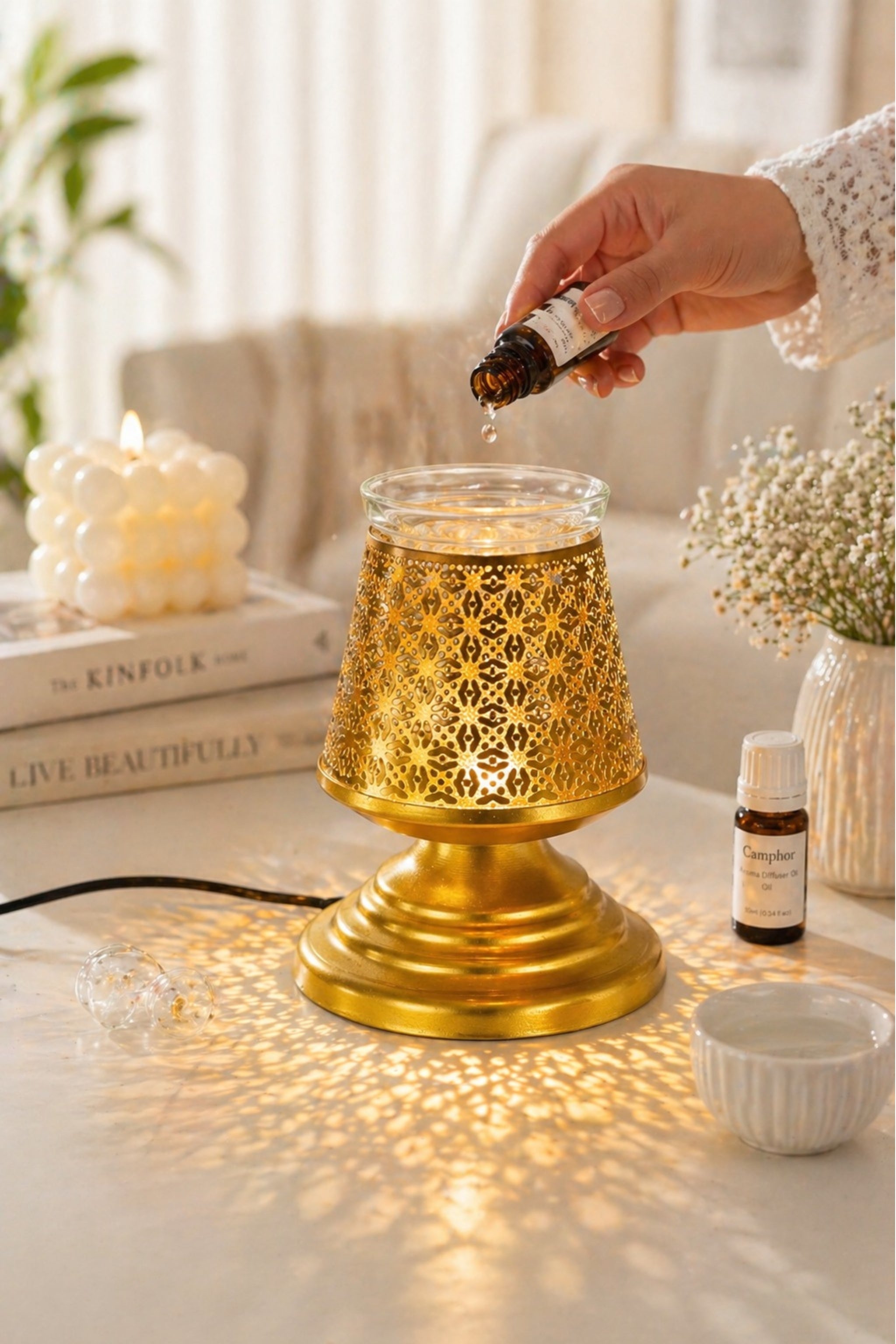 Metal Electric Aroma Diffuser Burner | Bulb Heat Oil Warmer Lamp | Fragrance Diffuser for Home, Office, Spa & Meditation | Free 10 ml Aroma Oil Included (Gold)