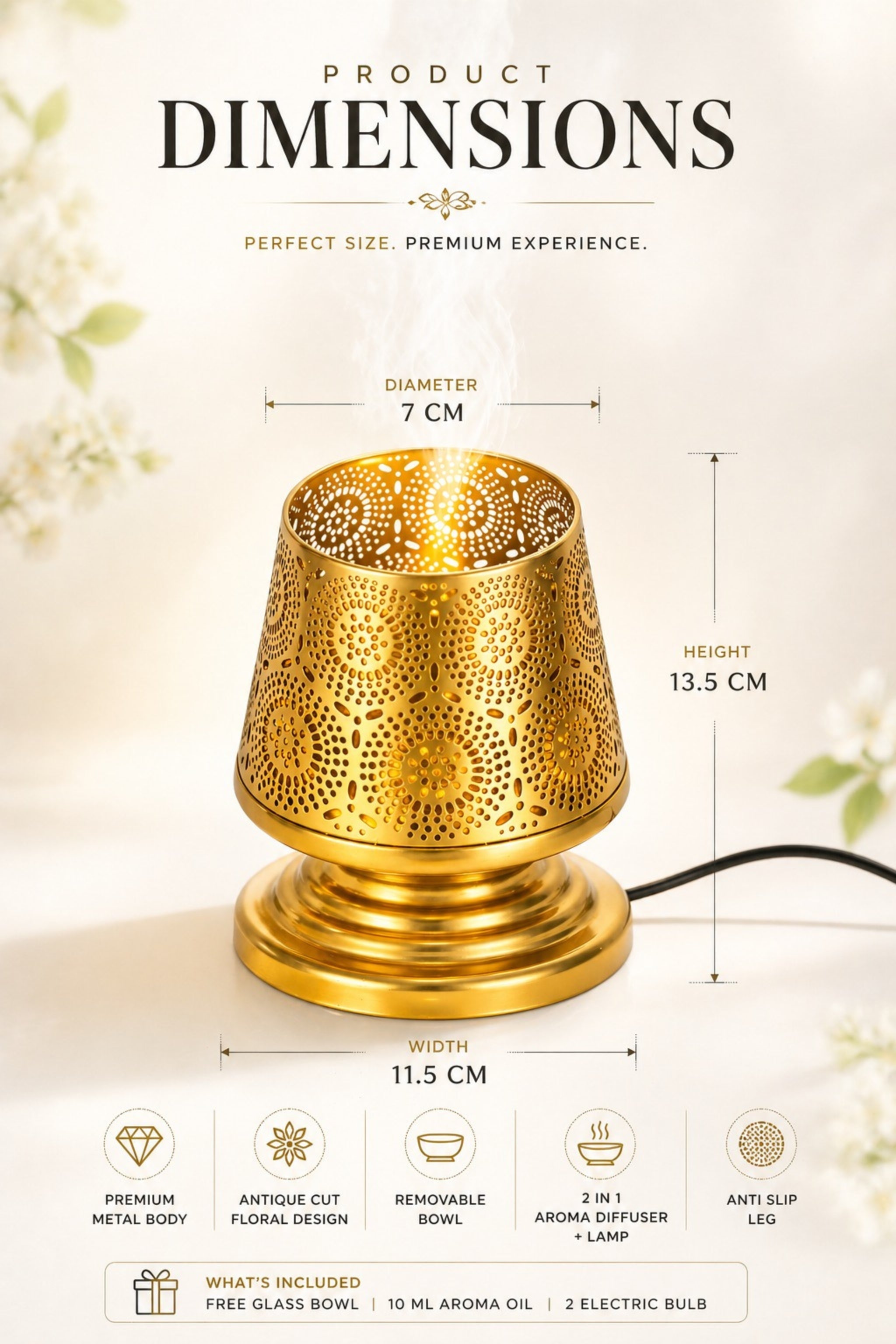 Premium Metal Aroma Diffuser Lamp with Glass Bowl | Elegant Cutwork Electric Oil Burner | Warm Ambient Light Aromatherapy Diffuser | Decorative Fragrance Lamp for Home & Gifting