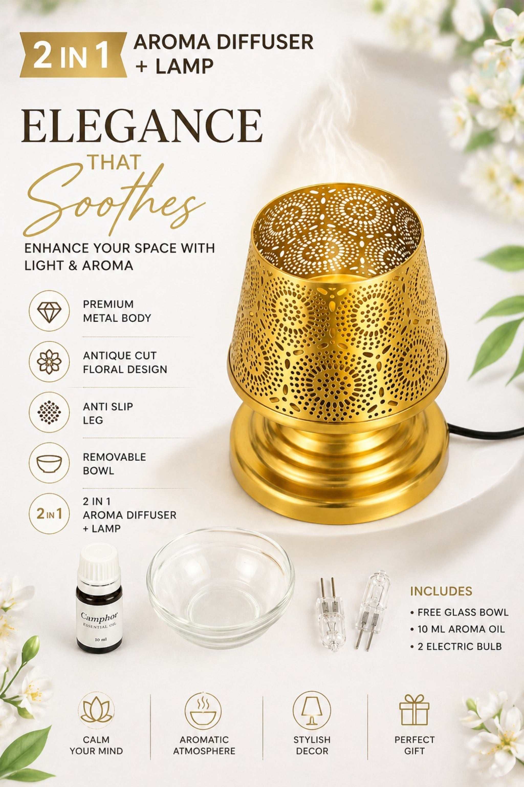 Premium Metal Aroma Diffuser Lamp with Glass Bowl | Elegant Cutwork Electric Oil Burner | Warm Ambient Light Aromatherapy Diffuser | Decorative Fragrance Lamp for Home & Gifting