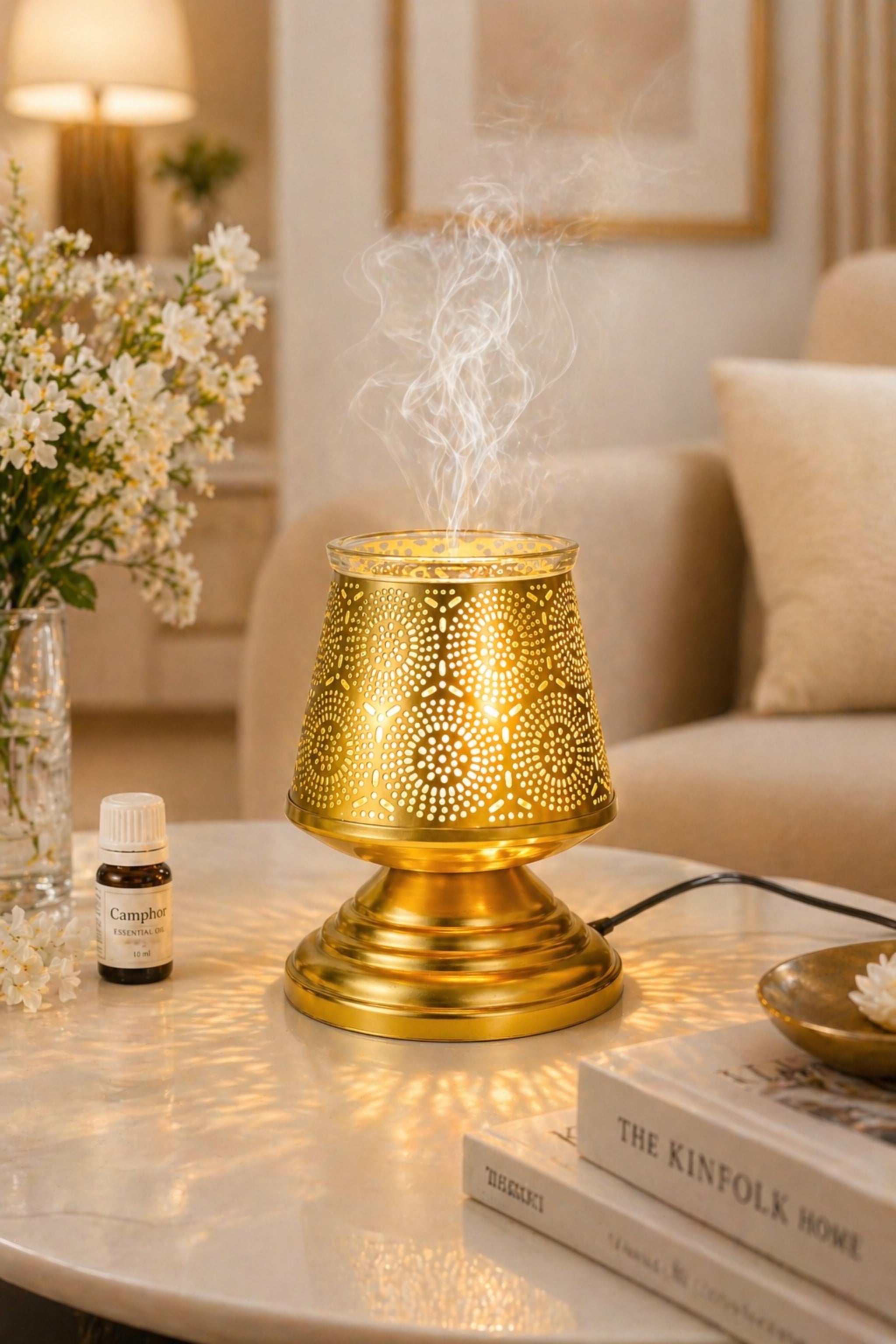 Premium Metal Aroma Diffuser Lamp with Glass Bowl | Elegant Cutwork Electric Oil Burner | Warm Ambient Light Aromatherapy Diffuser | Decorative Fragrance Lamp for Home & Gifting