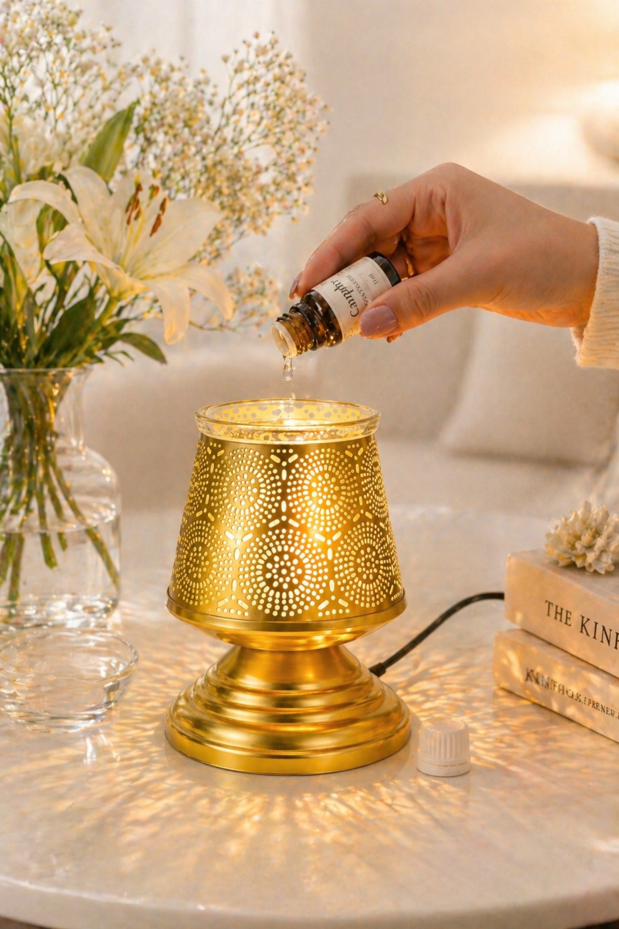 Premium Metal Aroma Diffuser Lamp with Glass Bowl | Elegant Cutwork Electric Oil Burner | Warm Ambient Light Aromatherapy Diffuser | Decorative Fragrance Lamp for Home & Gifting