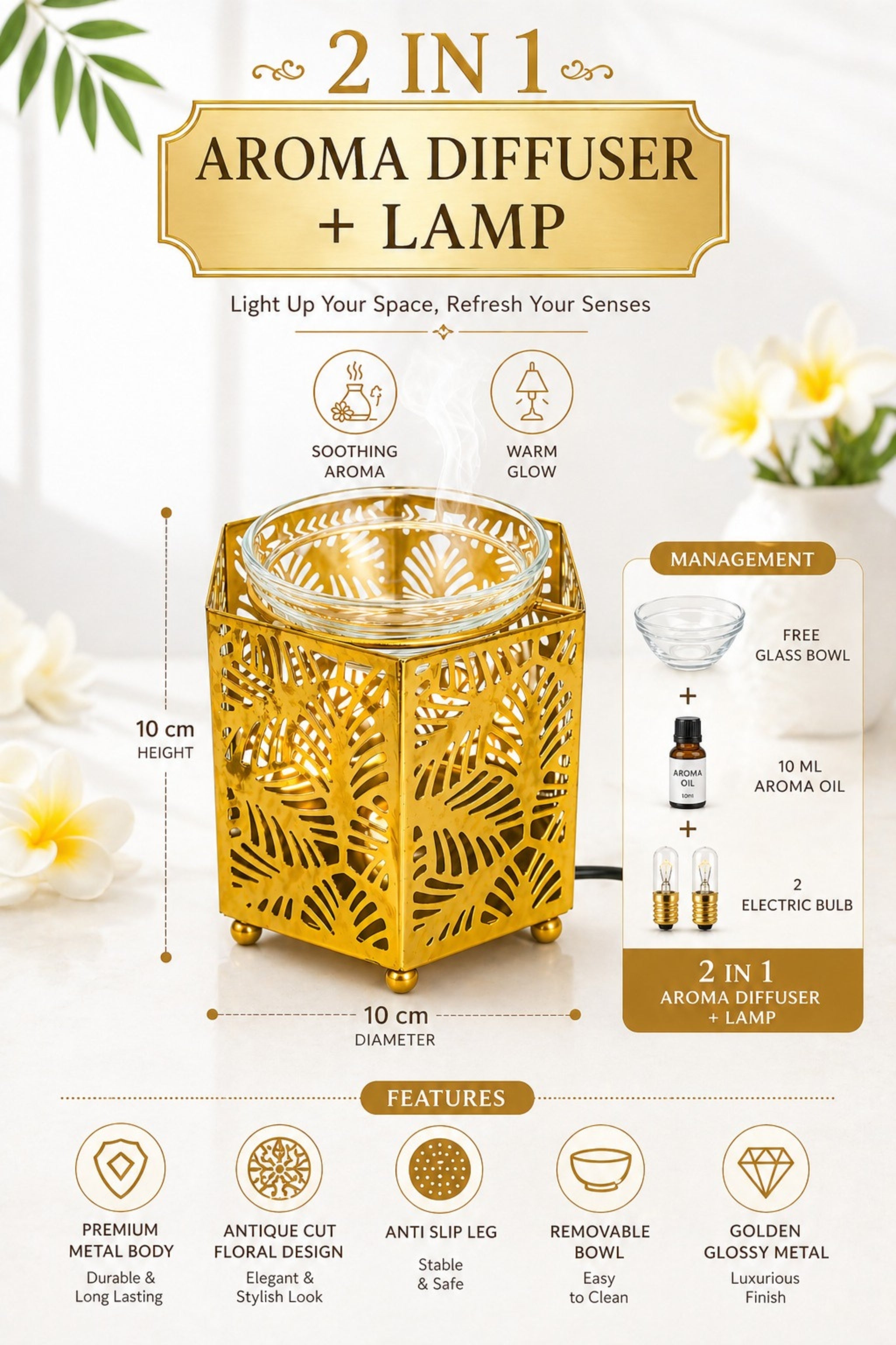 Golden Metal Electric Aroma Diffuser with Leaf Cutwork Design | Essential Oil Burner Lamp with Glass Bowl for Home, Spa & Relaxation | Decorative Fragrance Diffuser for Bedroom & Gifting