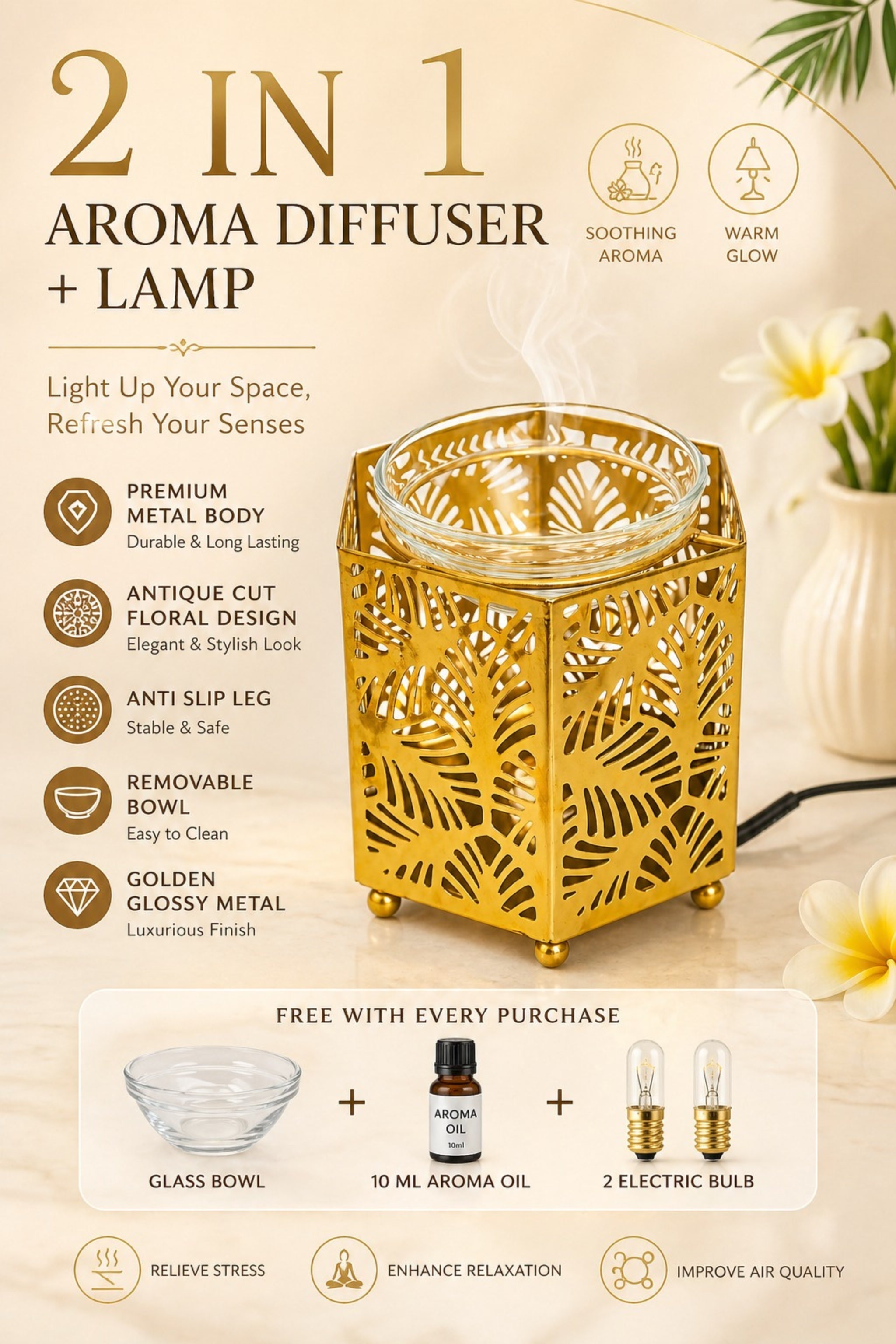 Golden Metal Electric Aroma Diffuser with Leaf Cutwork Design | Essential Oil Burner Lamp with Glass Bowl for Home, Spa & Relaxation | Decorative Fragrance Diffuser for Bedroom & Gifting