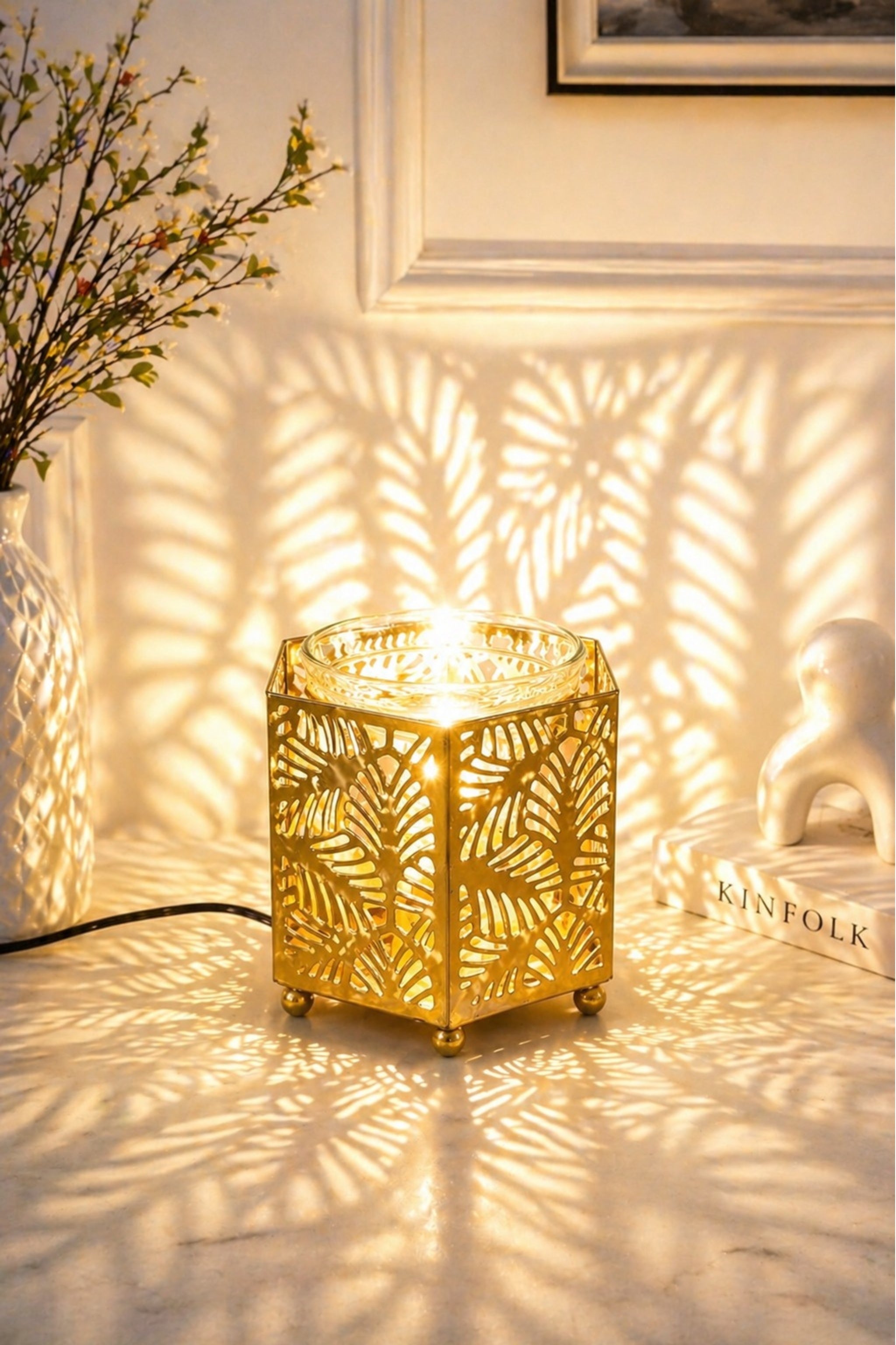 Golden Metal Electric Aroma Diffuser with Leaf Cutwork Design | Essential Oil Burner Lamp with Glass Bowl for Home, Spa & Relaxation | Decorative Fragrance Diffuser for Bedroom & Gifting
