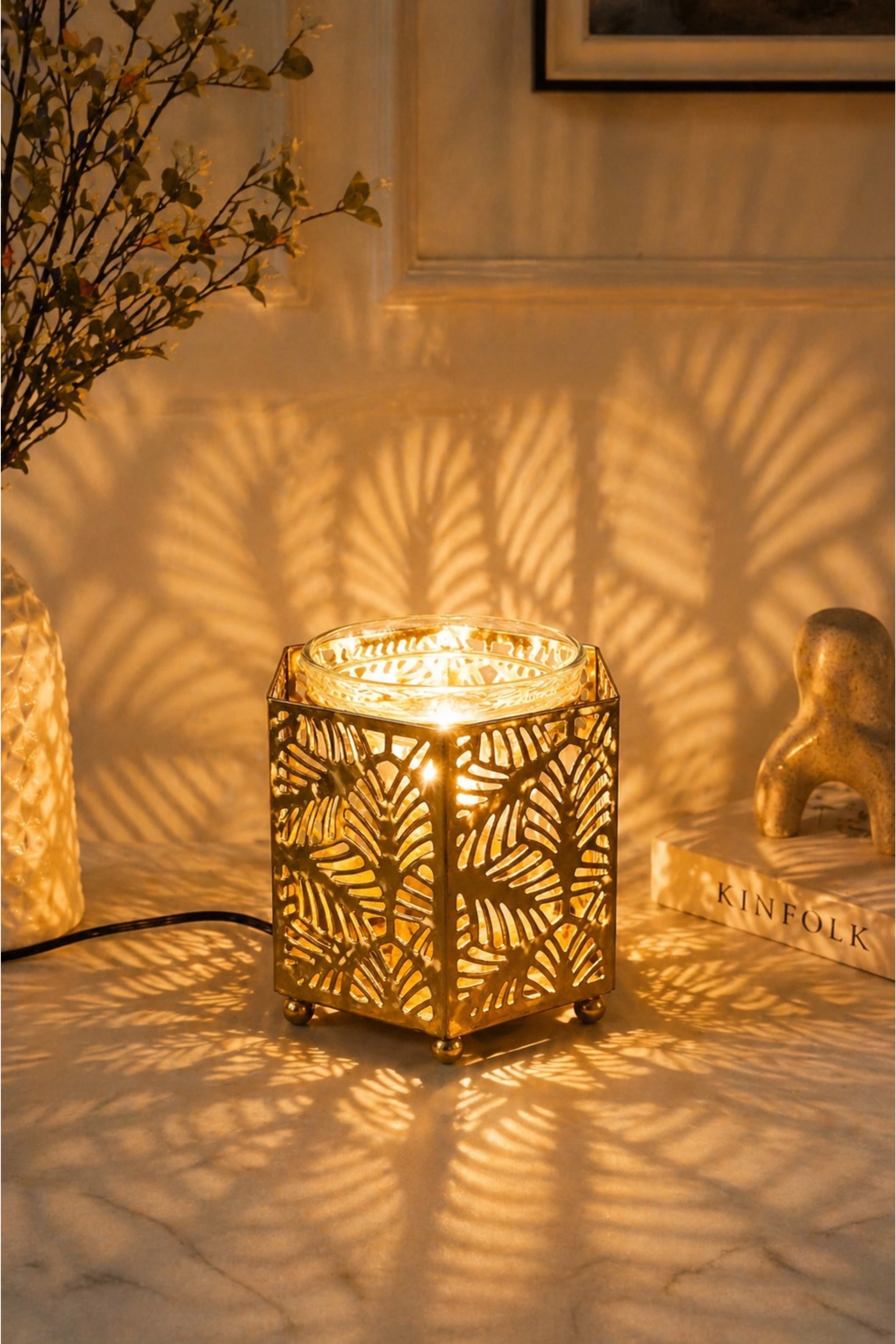 Golden Metal Electric Aroma Diffuser with Leaf Cutwork Design | Essential Oil Burner Lamp with Glass Bowl for Home, Spa & Relaxation | Decorative Fragrance Diffuser for Bedroom & Gifting