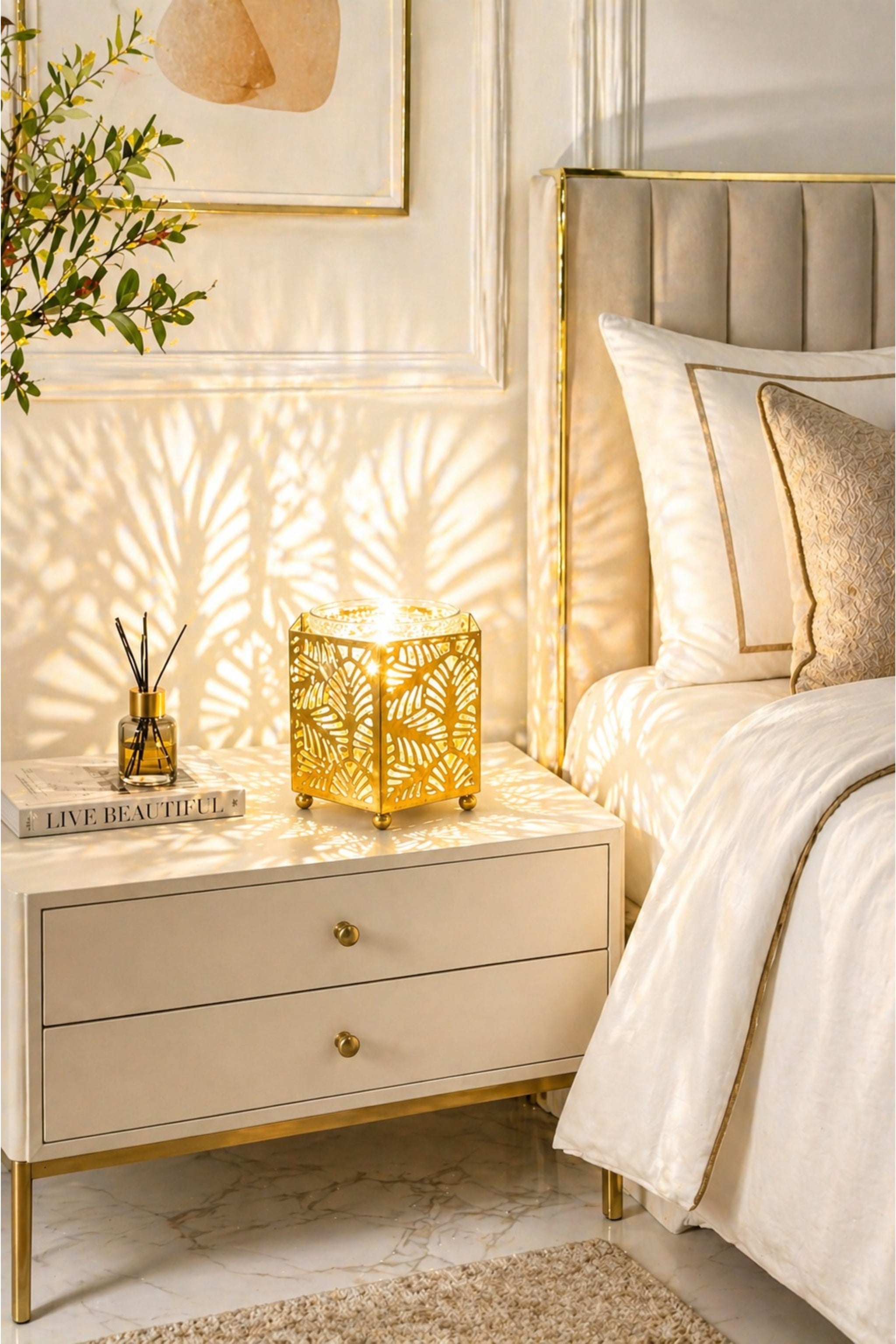 Golden Metal Electric Aroma Diffuser with Leaf Cutwork Design | Essential Oil Burner Lamp with Glass Bowl for Home, Spa & Relaxation | Decorative Fragrance Diffuser for Bedroom & Gifting