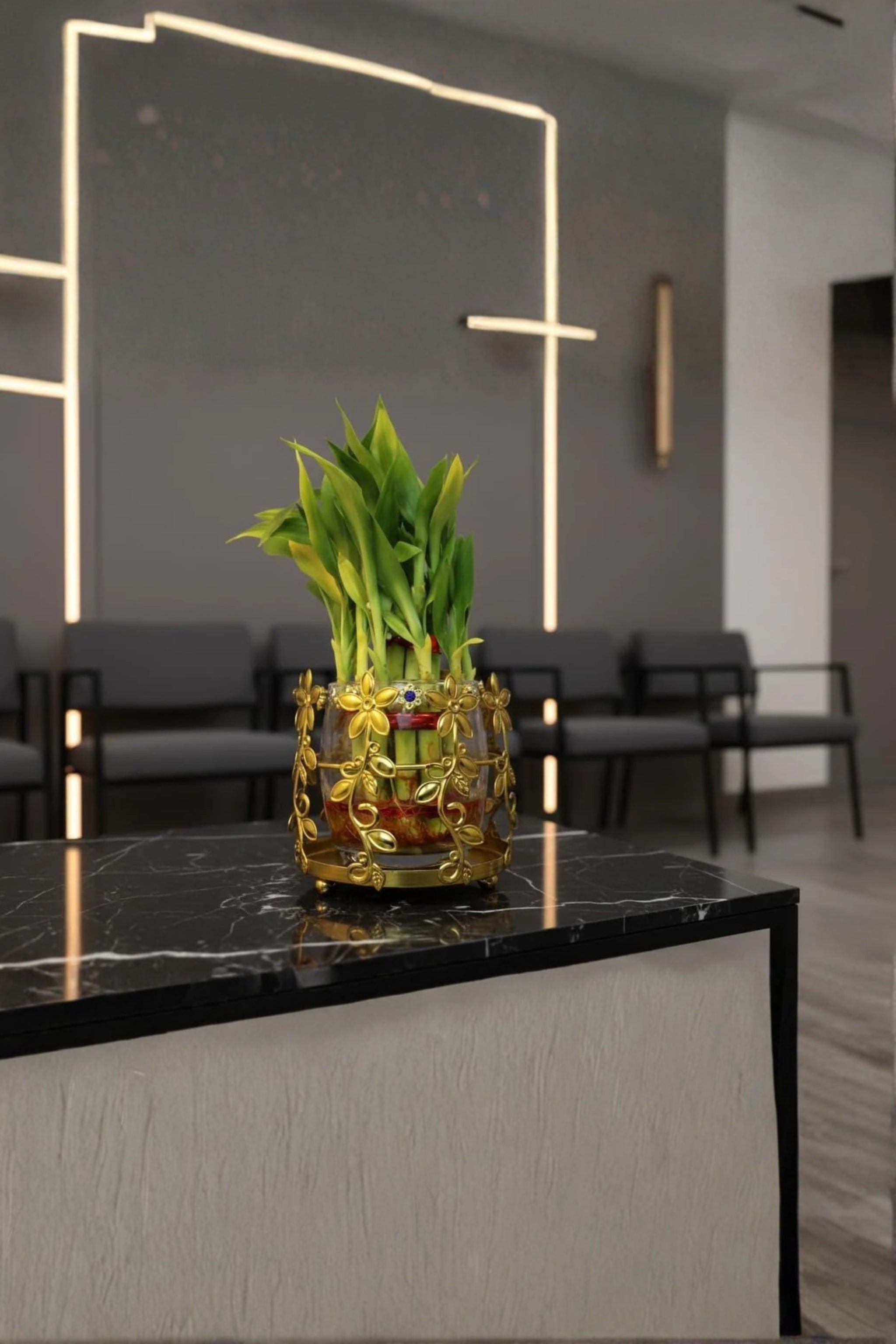 Lucky Bamboo Plant with Floral Metal Holder & Glass Vase | Decorative Indoor Planter for Home & Office Decor