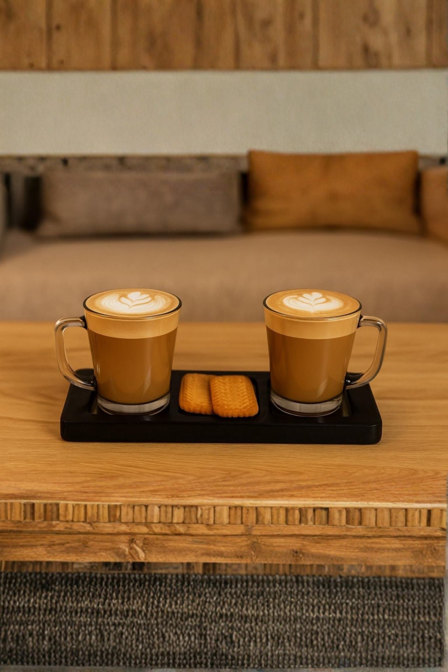 Double Wall Glass Mug Set of 2 with MDF Serving Tray | Borosilicate Transparent Coffee & Tea Cups with Handle | Premium Hot & Cold Beverage Glasses for Home, Office & Gifting