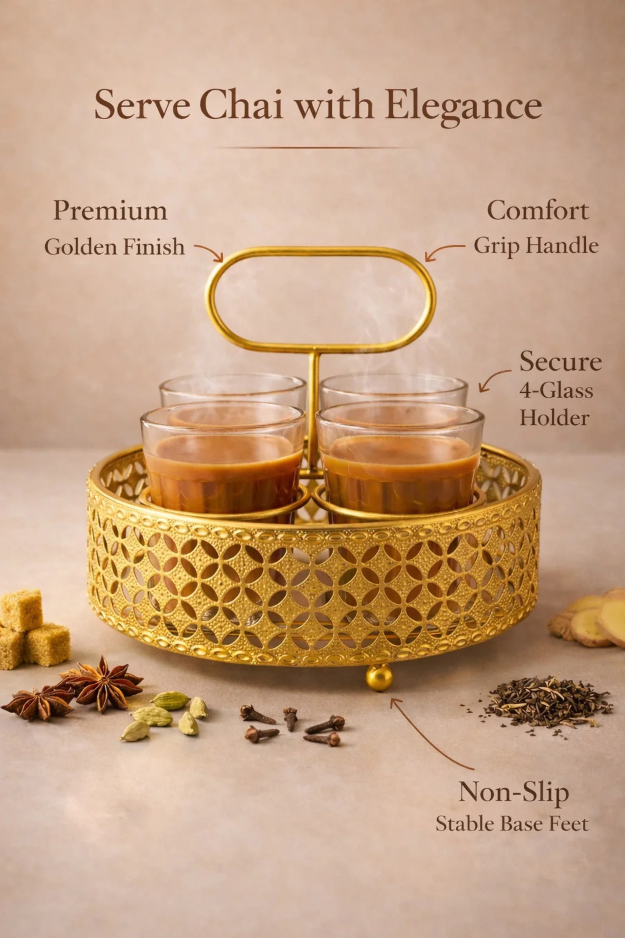Premium Cutting Chai Glass Set of 4 with Gold Metal Stand | 120ml Designer Tea Glasses with Ornate Holder Tray | Stylish Tea Coffee Serving Set for Home, Café & Kitchen