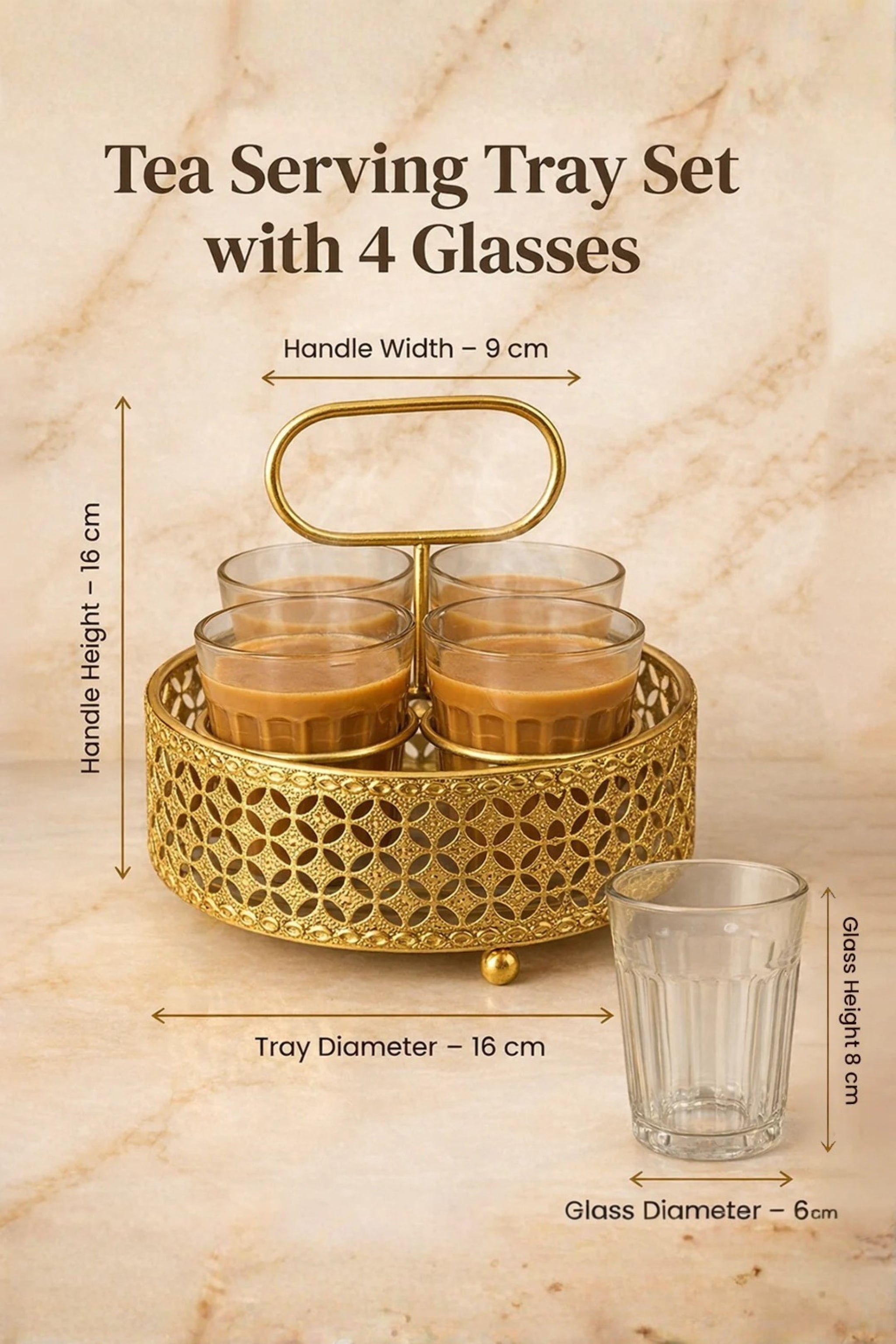 Premium Cutting Printed Chai Glass Set of 4 with Gold Metal Stand | 120ml Designer Tea Glasses with Ornate Holder Tray | Stylish Tea Coffee Serving Set for Home, Café & Kitchen