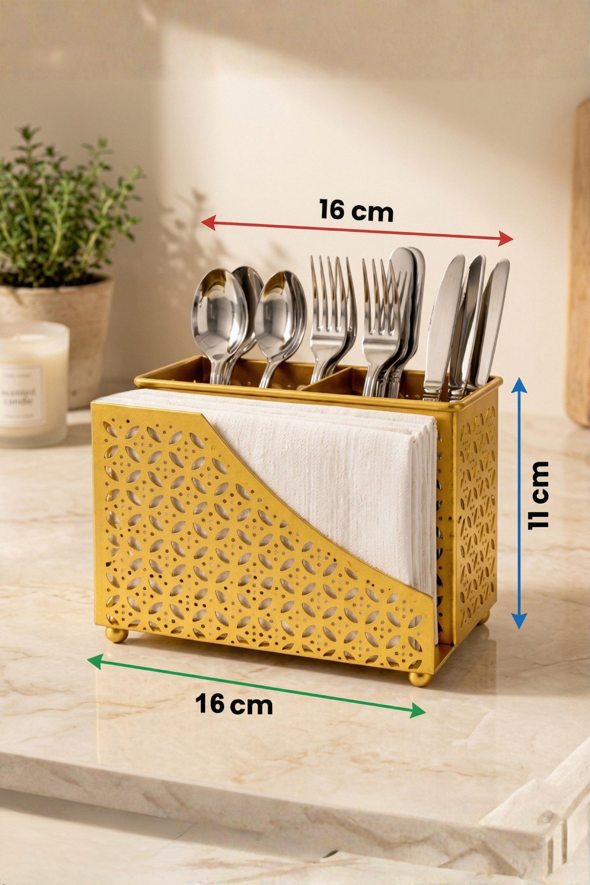 Premium 2-in-1 Cutlery & Napkin Holder | Elegant Gold Metal Organizer with Laser Cut Floral Design | Tabletop Storage for Spoons, Forks, Knives & Tissue | Kitchen & Dining Décor