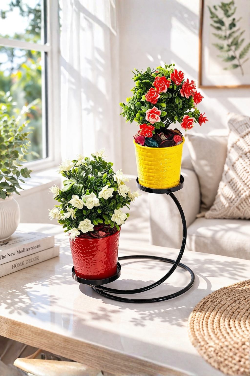 Premium 2 Pot Metal Planter Stand | Multicolor Decorative Plant Pots with Circular Iron Holder | Indoor Tabletop Planter Set | Modern Home Living Room Office Garden Décor