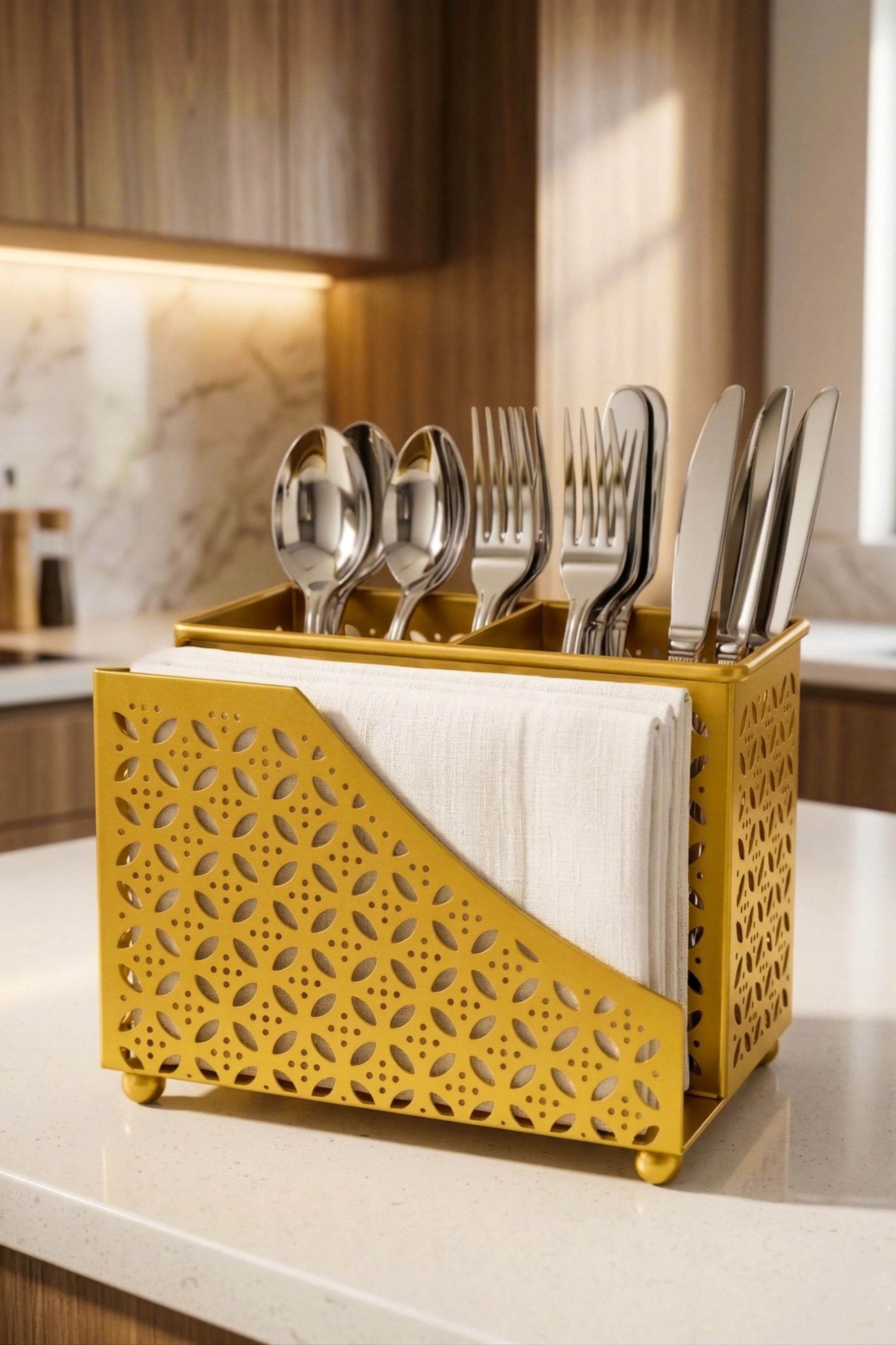 Premium 2-in-1 Cutlery & Napkin Holder | Elegant Gold Metal Organizer with Laser Cut Floral Design | Tabletop Storage for Spoons, Forks, Knives & Tissue | Kitchen & Dining Décor