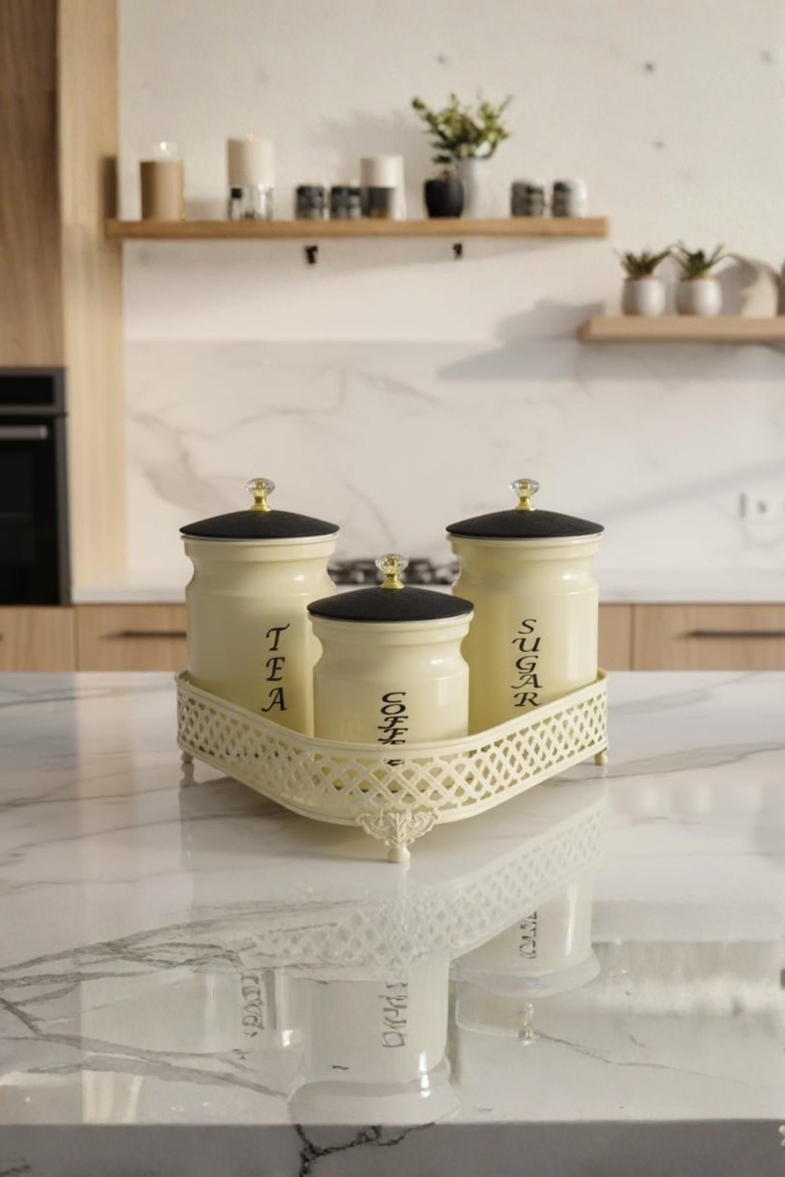 Premium Metal Tea Coffee Sugar Container Set of 3 with Stand Holder | Cream Finish Airtight Kitchen Storage Jars | Luxury Organizer for Home & Kitchen