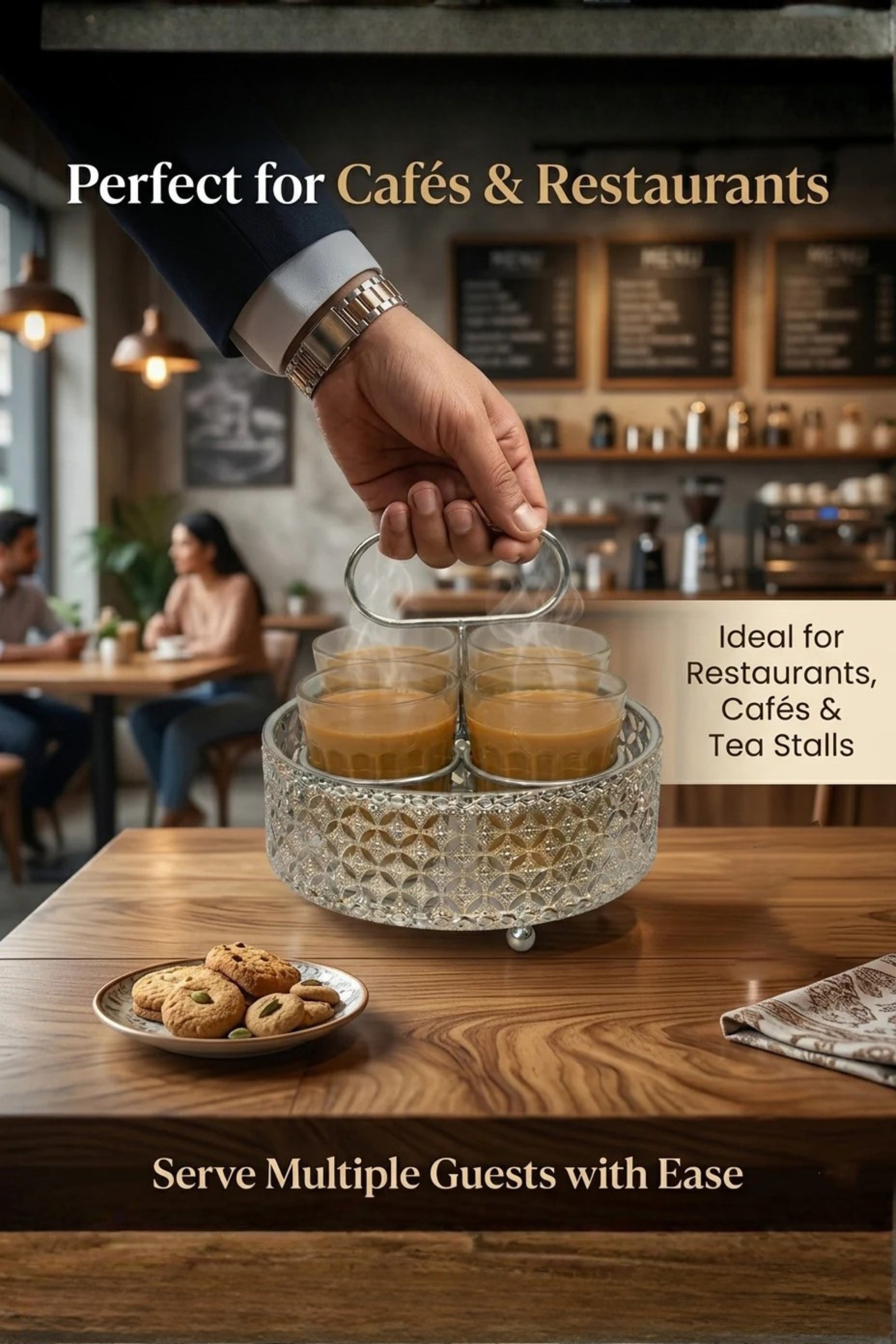 Premium Cutting Chai Glass Set of 4 with Silver Metal Stand | 120ml Designer Tea Glasses with Ornate Holder Tray | Stylish Tea Coffee Serving Set for Home, Café & Kitchen