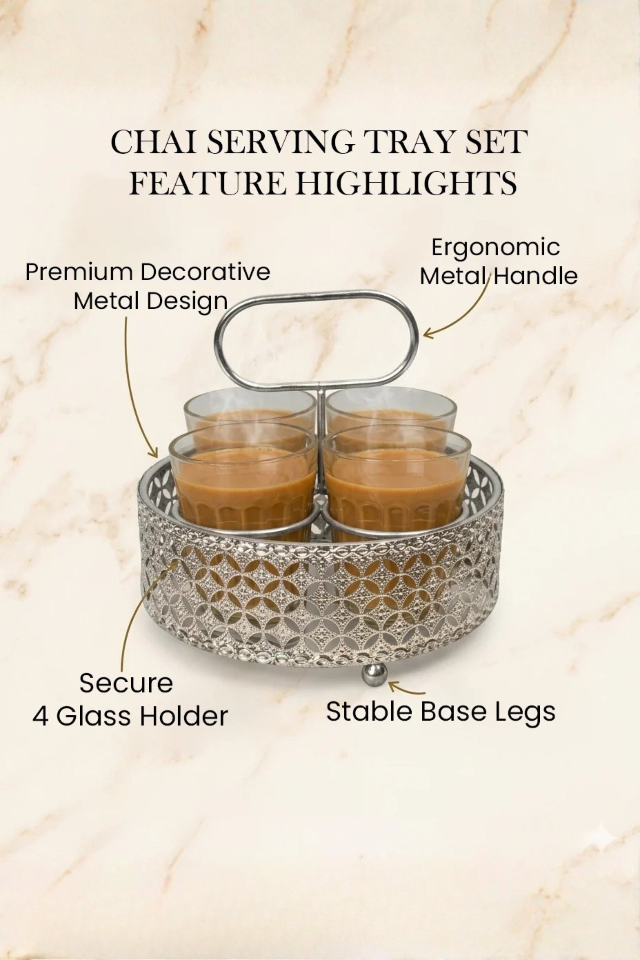 Premium Cutting Unique Printed Chai Glass Set of 4 with Silver Metal Stand | 120ml Designer Tea Glasses with Ornate Holder Tray | Stylish Tea Coffee Serving Set for Home, Café & Kitchen