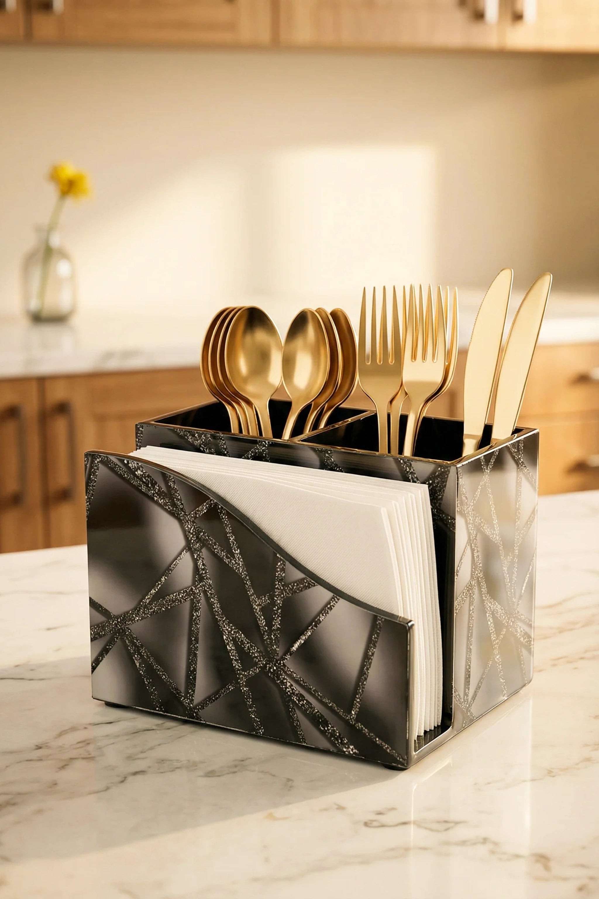 Premium MDF Cutlery & Napkin Holder | Designer Zig Printed Wooden Organizer with Dual Compartments | Spoon, Fork, Knife & Tissue Stand for Dining Table, Kitchen & Home Décor
