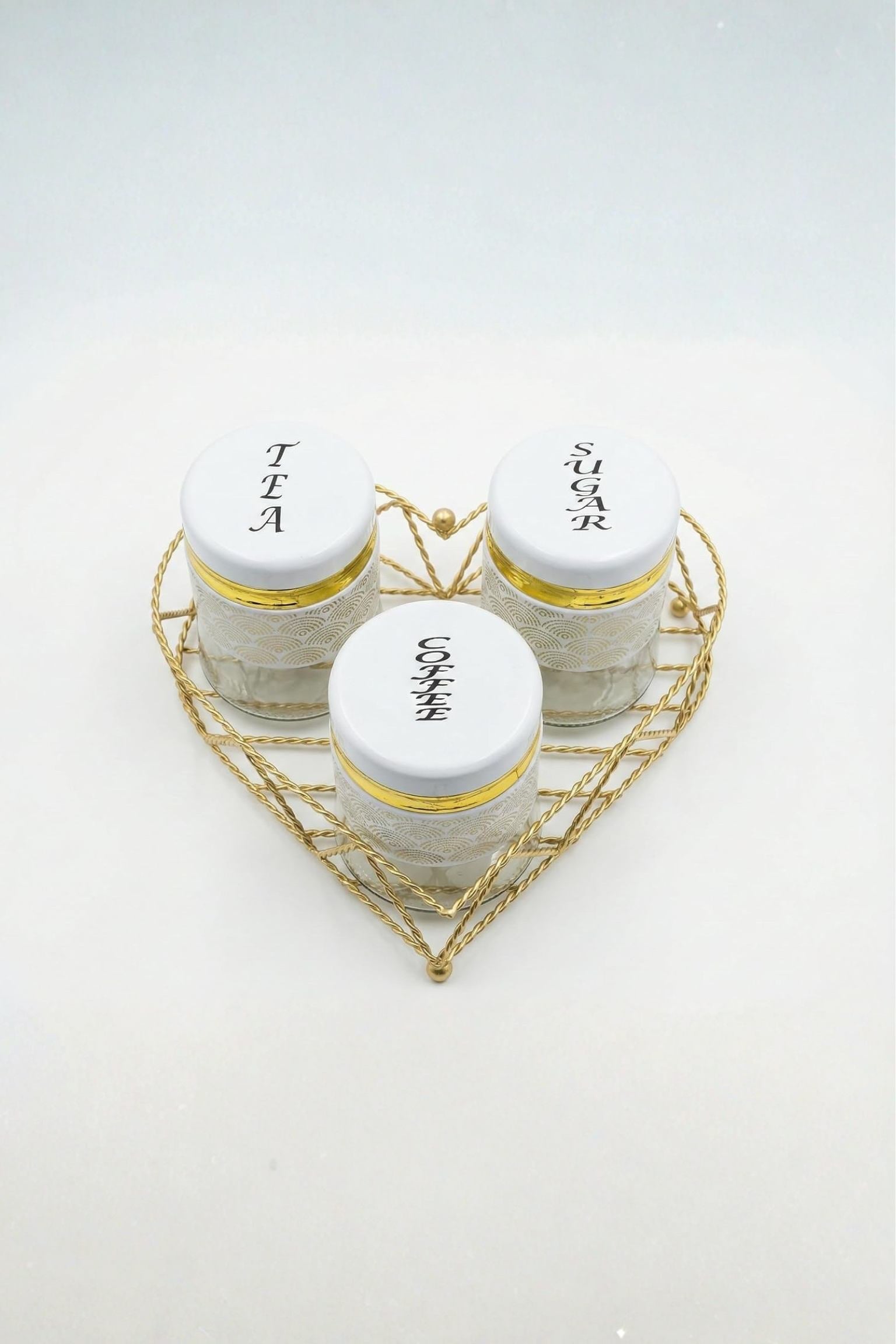 Premium Glass Tea Coffee Sugar Container Set of 3 with Golden Stand Holder | White & Gold Airtight Kitchen Storage Jars | Luxury Organizer for Home & Kitchen