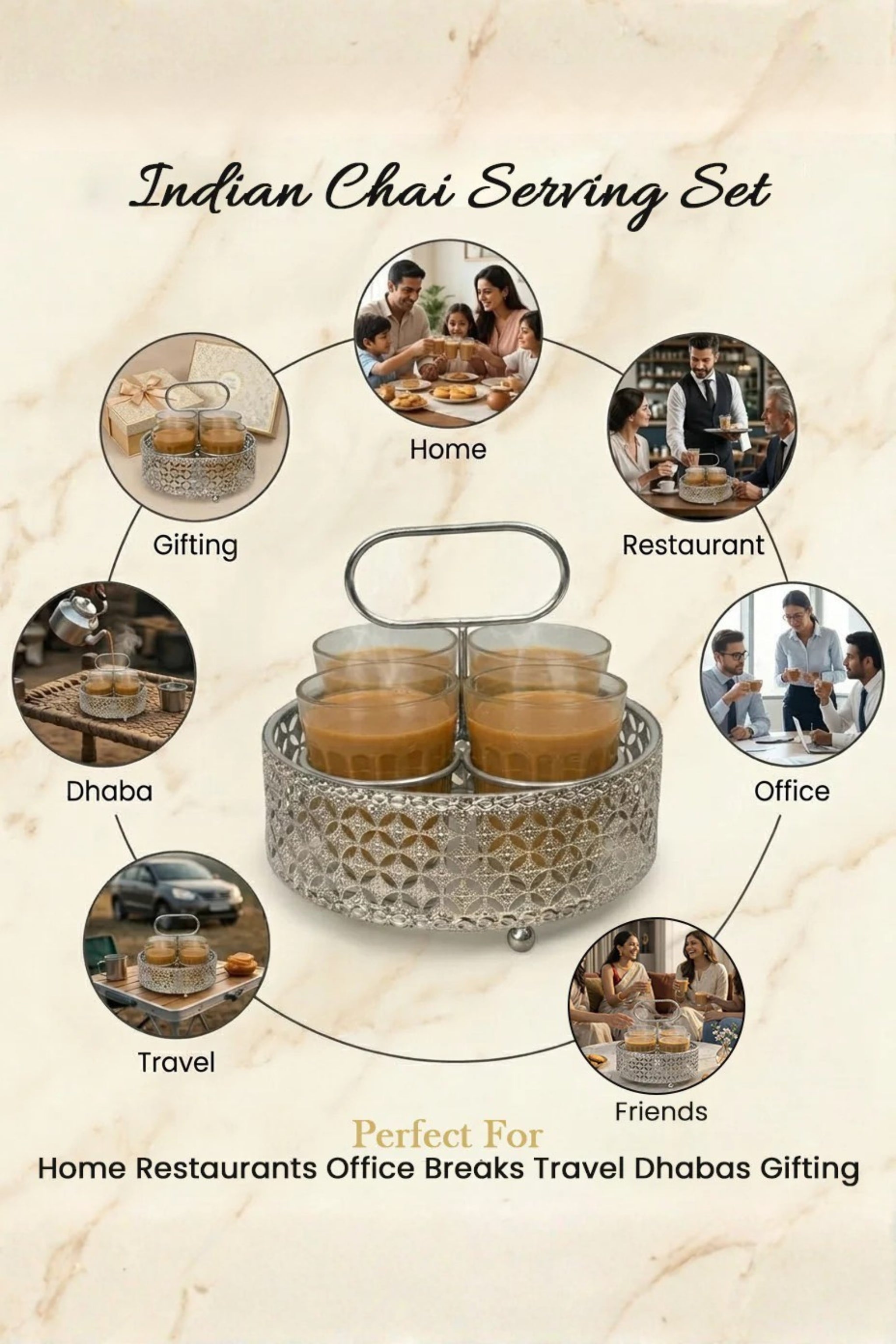 Premium Cutting Unique Printed Chai Glass Set of 4 with Silver Metal Stand | 120ml Designer Tea Glasses with Ornate Holder Tray | Stylish Tea Coffee Serving Set for Home, Café & Kitchen