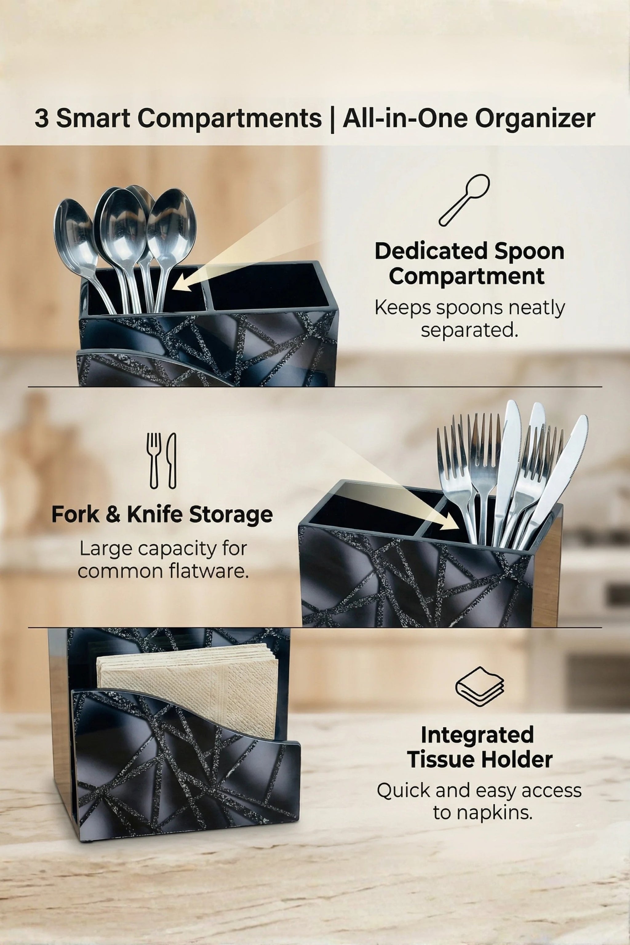 Premium MDF Cutlery & Napkin Holder | Designer Zig Printed Wooden Organizer with Dual Compartments | Spoon, Fork, Knife & Tissue Stand for Dining Table, Kitchen & Home Décor