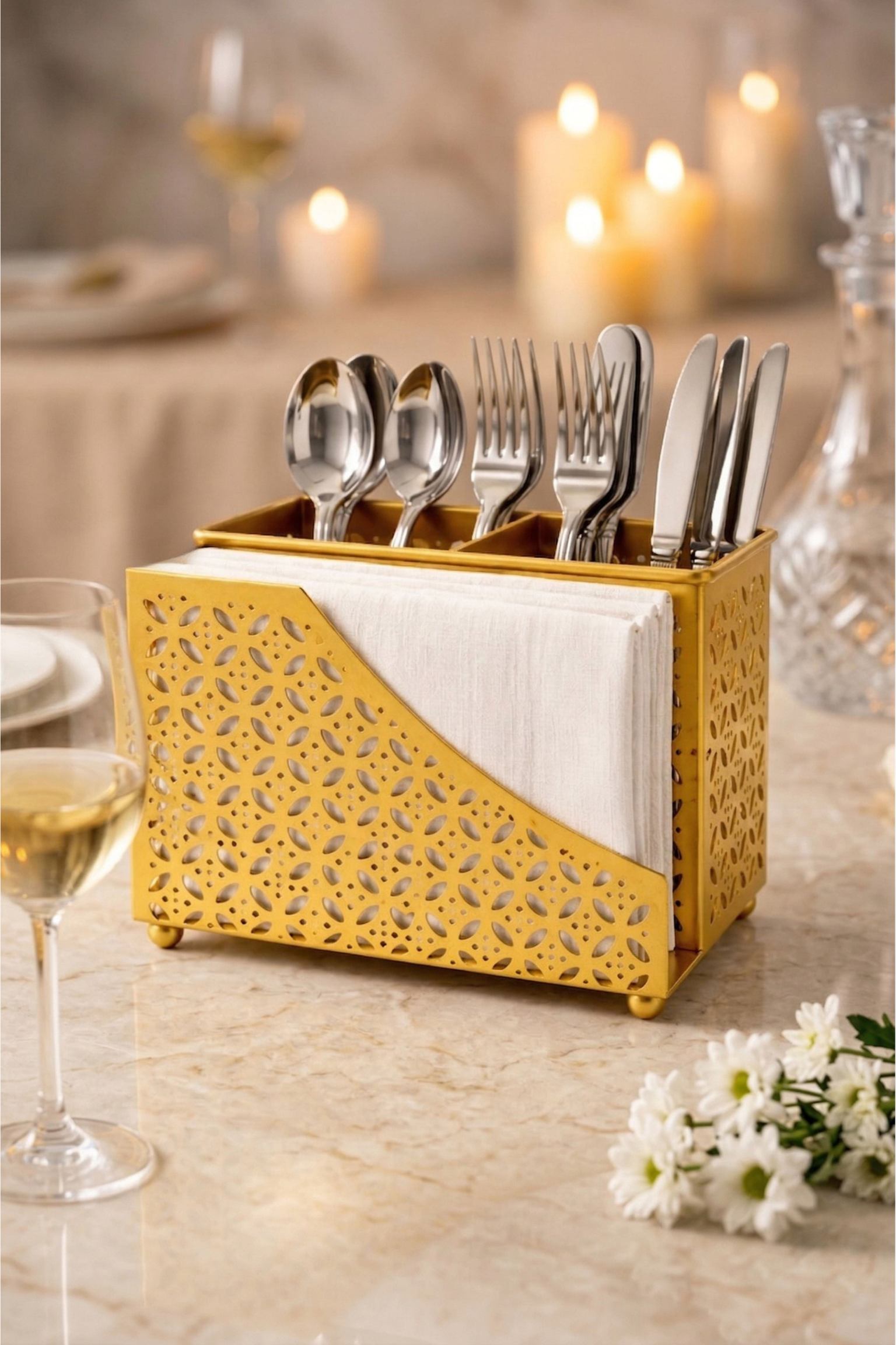 Premium 2-in-1 Cutlery & Napkin Holder | Elegant Gold Metal Organizer with Laser Cut Floral Design | Tabletop Storage for Spoons, Forks, Knives & Tissue | Kitchen & Dining Décor