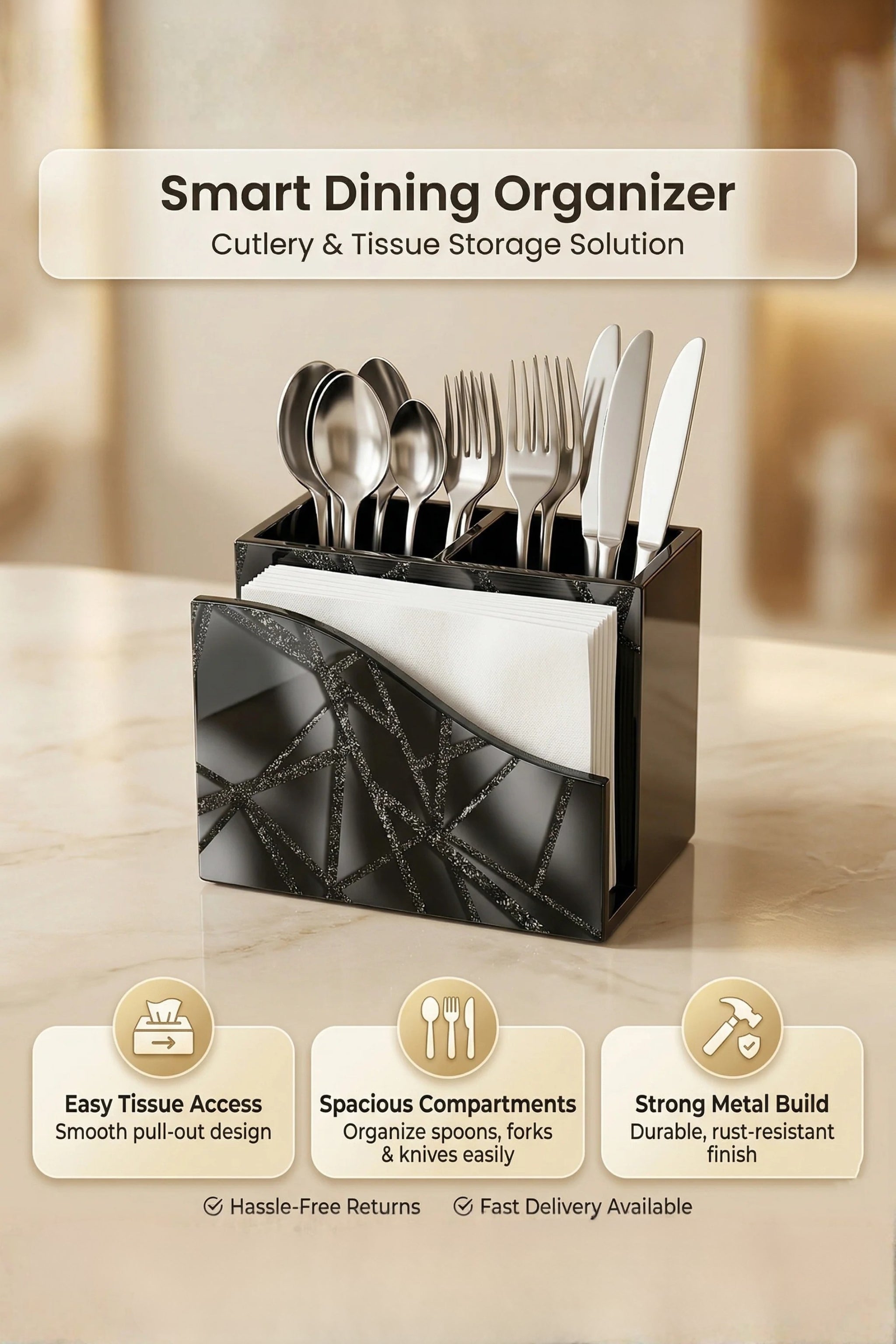 Premium MDF Cutlery & Napkin Holder | Designer Zig Printed Wooden Organizer with Dual Compartments | Spoon, Fork, Knife & Tissue Stand for Dining Table, Kitchen & Home Décor