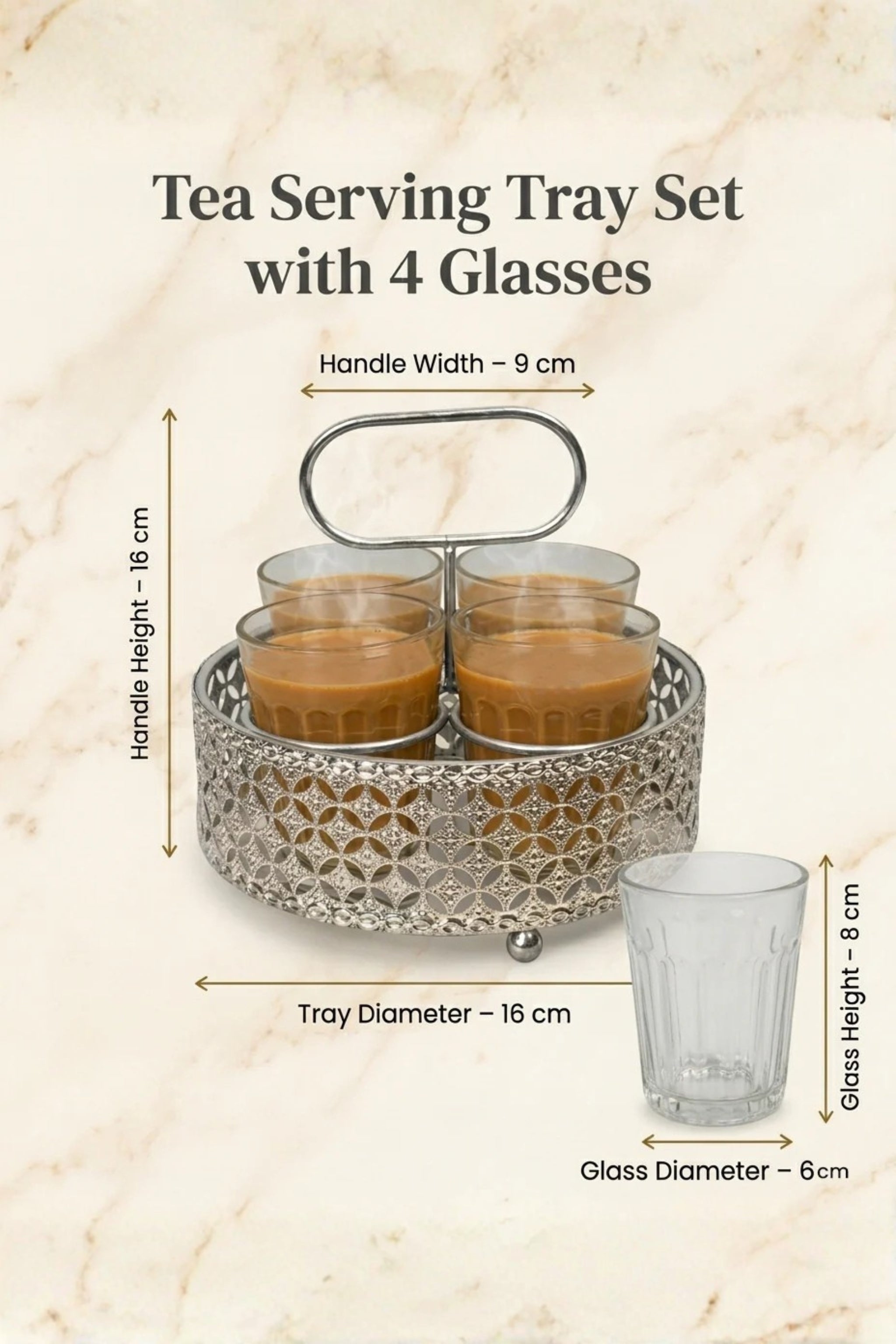 Premium Cutting Unique Printed Chai Glass Set of 4 with Silver Metal Stand | 120ml Designer Tea Glasses with Ornate Holder Tray | Stylish Tea Coffee Serving Set for Home, Café & Kitchen