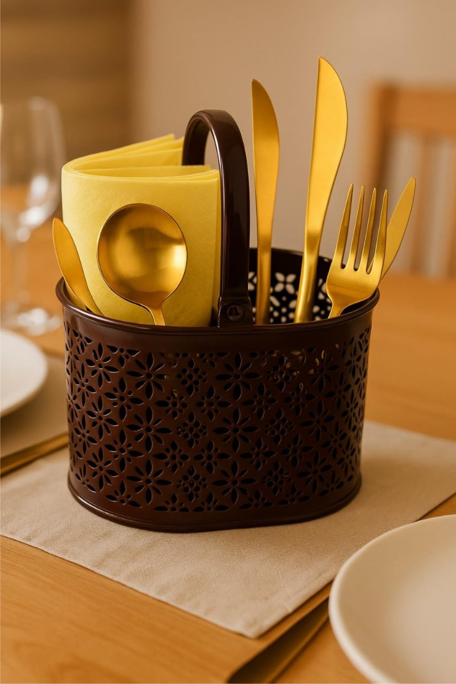 Premium Metal Cutlery Holder with Handle | 4 Compartment Utensil Caddy Basket Organizer | Portable Spoon, Fork, Knife & Napkin Stand for Kitchen, Dining Table & Home Storage