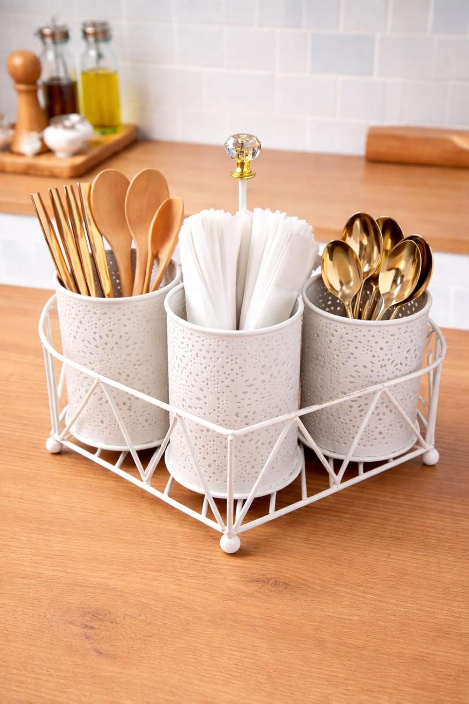 Premium 3-Compartment Metal Cutlery & Napkin Holder | Elegant Cream Finish Galvanized Organizer with Stand | Spoon, Fork, Knife & Tissue Storage for Dining Table & Kitchen Décor