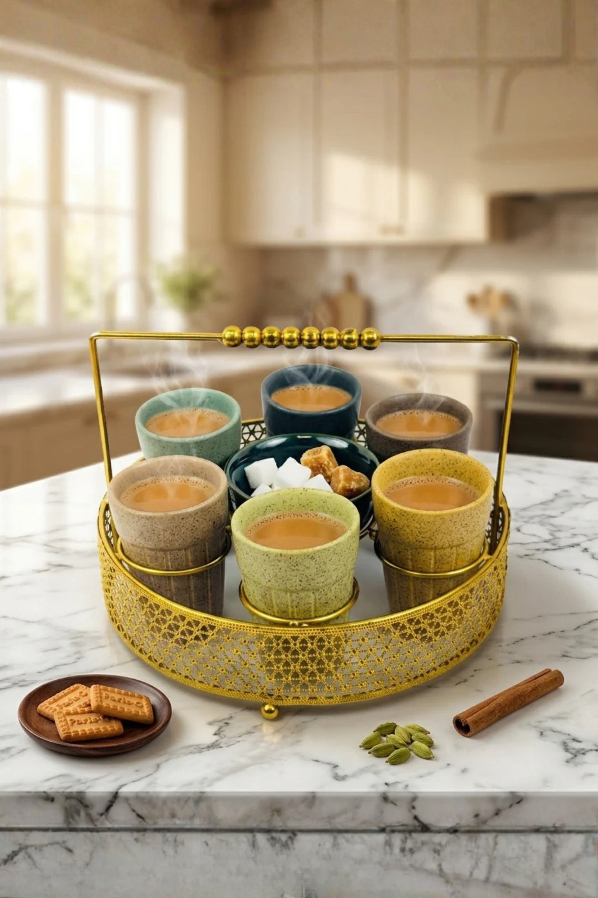 Premium Ceramic Tea Cup Set with Gold Metal Tray | Set of 6 Multicolor Cups with Snack Bowl & Designer Holder | Elegant Tea Coffee Serving Set for Home, Kitchen & Café