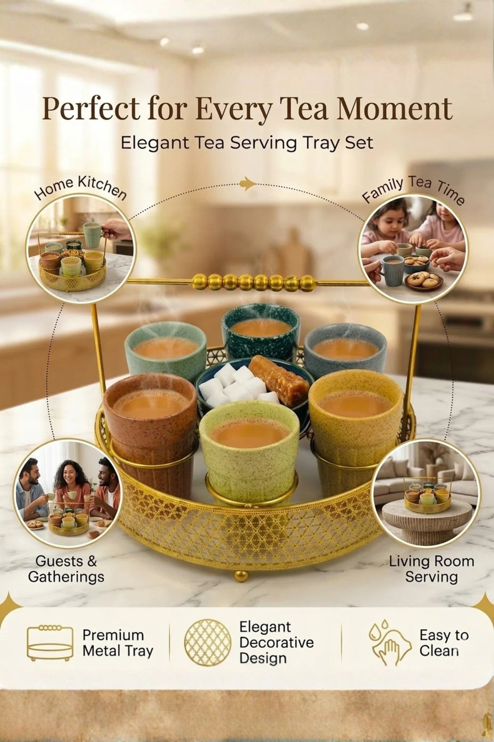 Premium Ceramic Tea Cup Set with Gold Metal Tray | Set of 6 Multicolor Cups with Snack Bowl & Designer Holder | Elegant Tea Coffee Serving Set for Home, Kitchen & Café