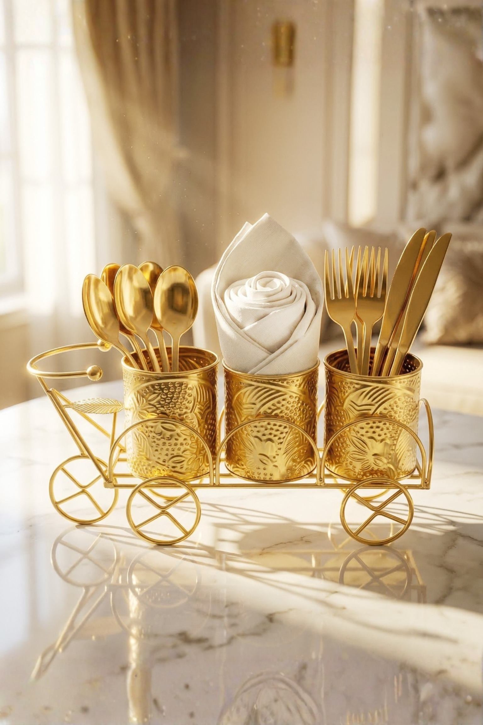 Luxury Gold Metal Cutlery & Napkin Holder | 3-Compartment Designer Cart Style Organizer with Ornate Detailing | Spoon, Fork, Knife & Tissue Stand for Dining Table & Kitchen Décor