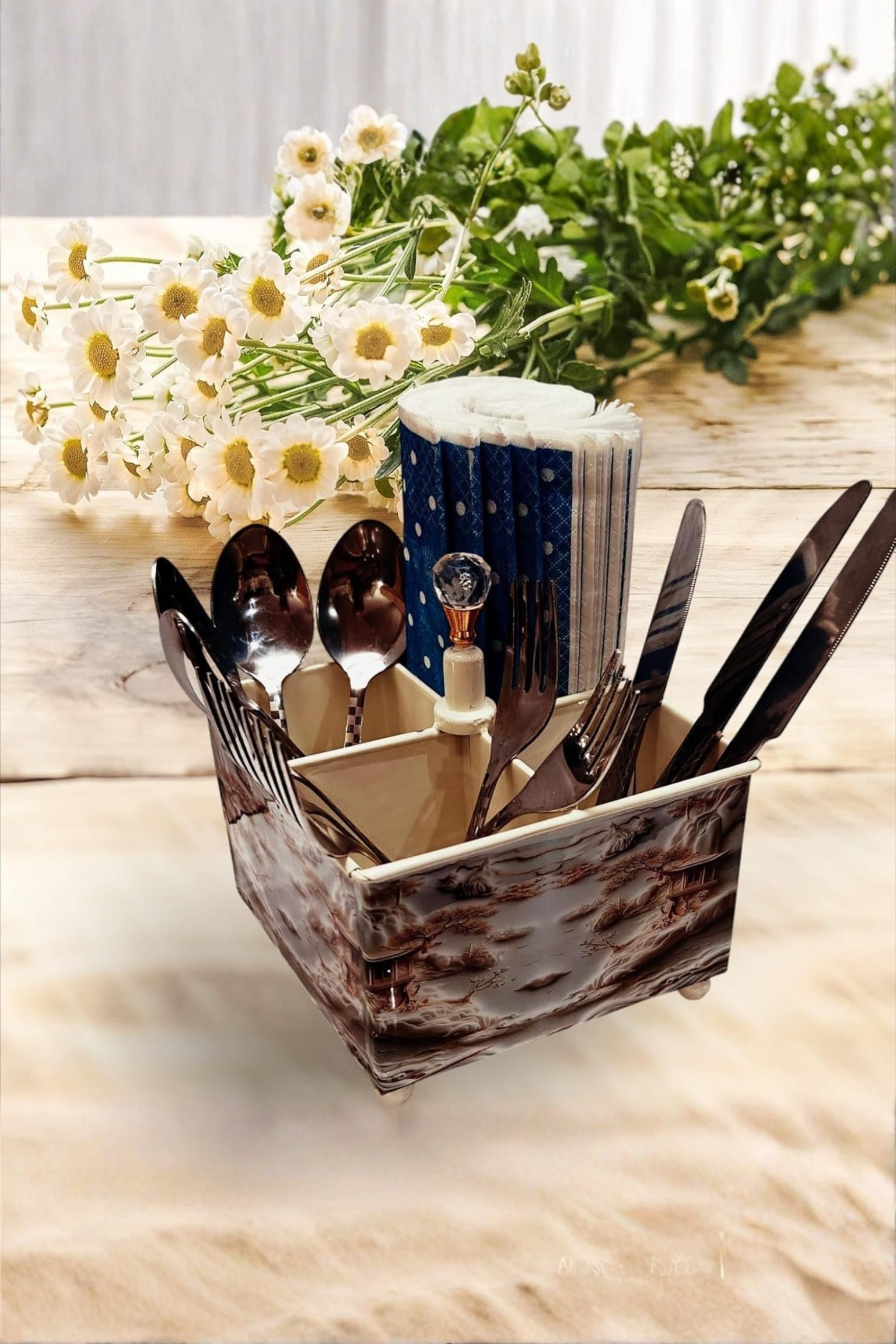 Premium Metal Cutlery & Napkin Holder | Designer Printed Galvanized Organizer with Dual Compartments | Spoon, Fork, Knife & Tissue Stand for Dining Table & Kitchen Use