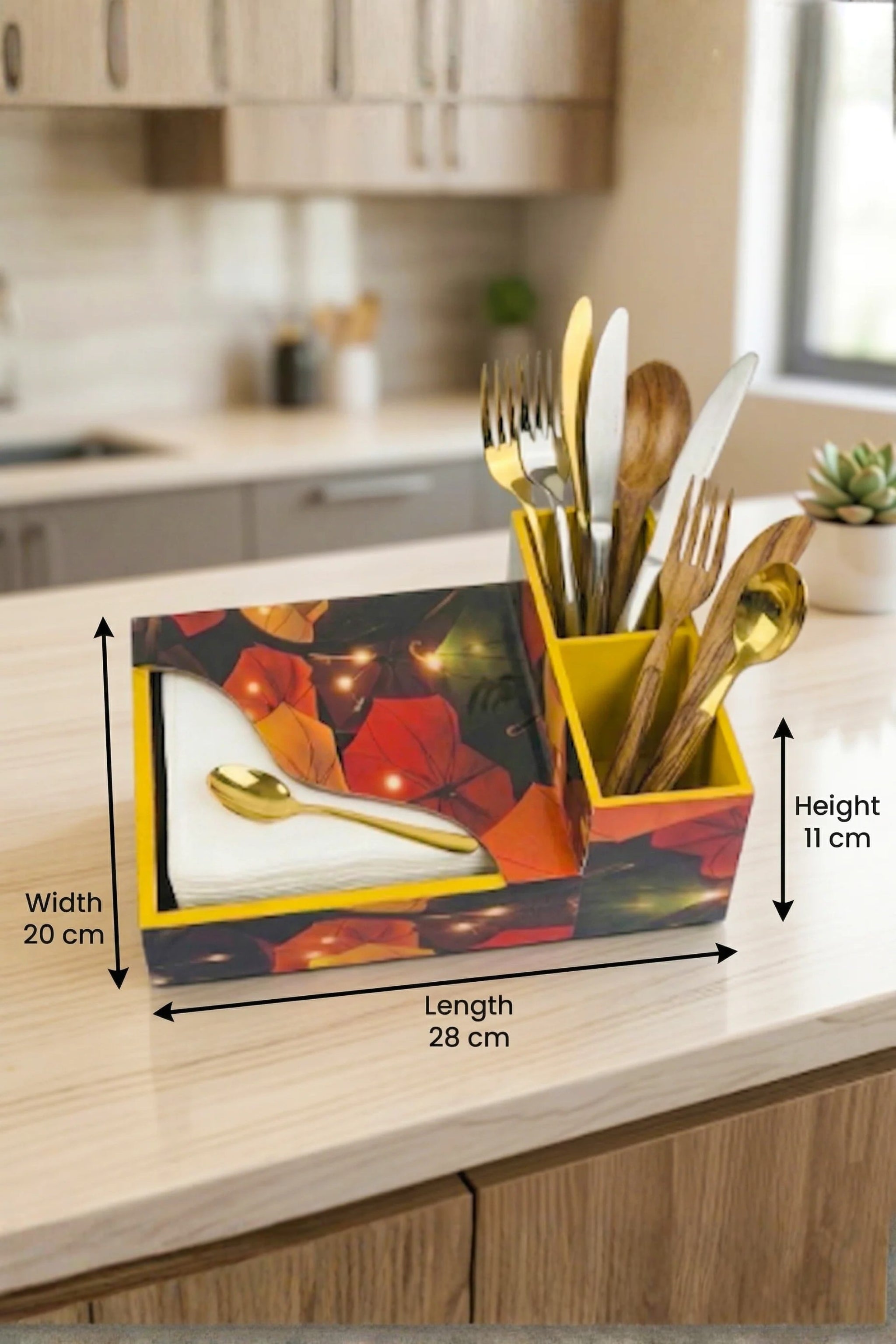Premium MDF Cutlery & Napkin Holder | Flower Umbrellas Printed Wooden Organizer with Dual Compartments | Multipurpose Spoon Stand for Dining Table, Kitchen & Home Décor