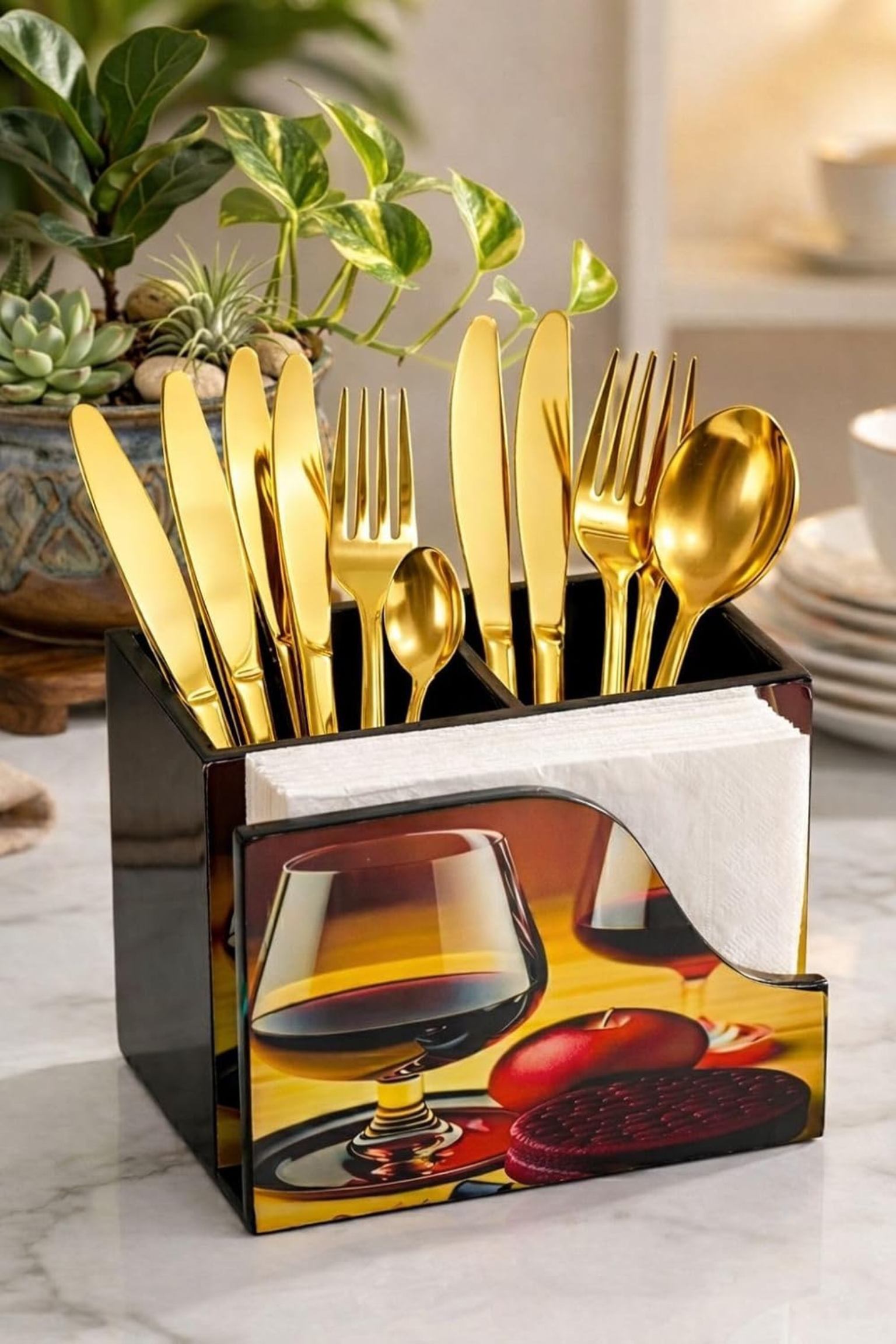 Premium MDF Cutlery & Napkin Holder | Designer Wine Printed Wooden Organizer with Dual Compartments | Spoon, Fork, Knife & Tissue Stand for Dining Table, Kitchen & Home Décor