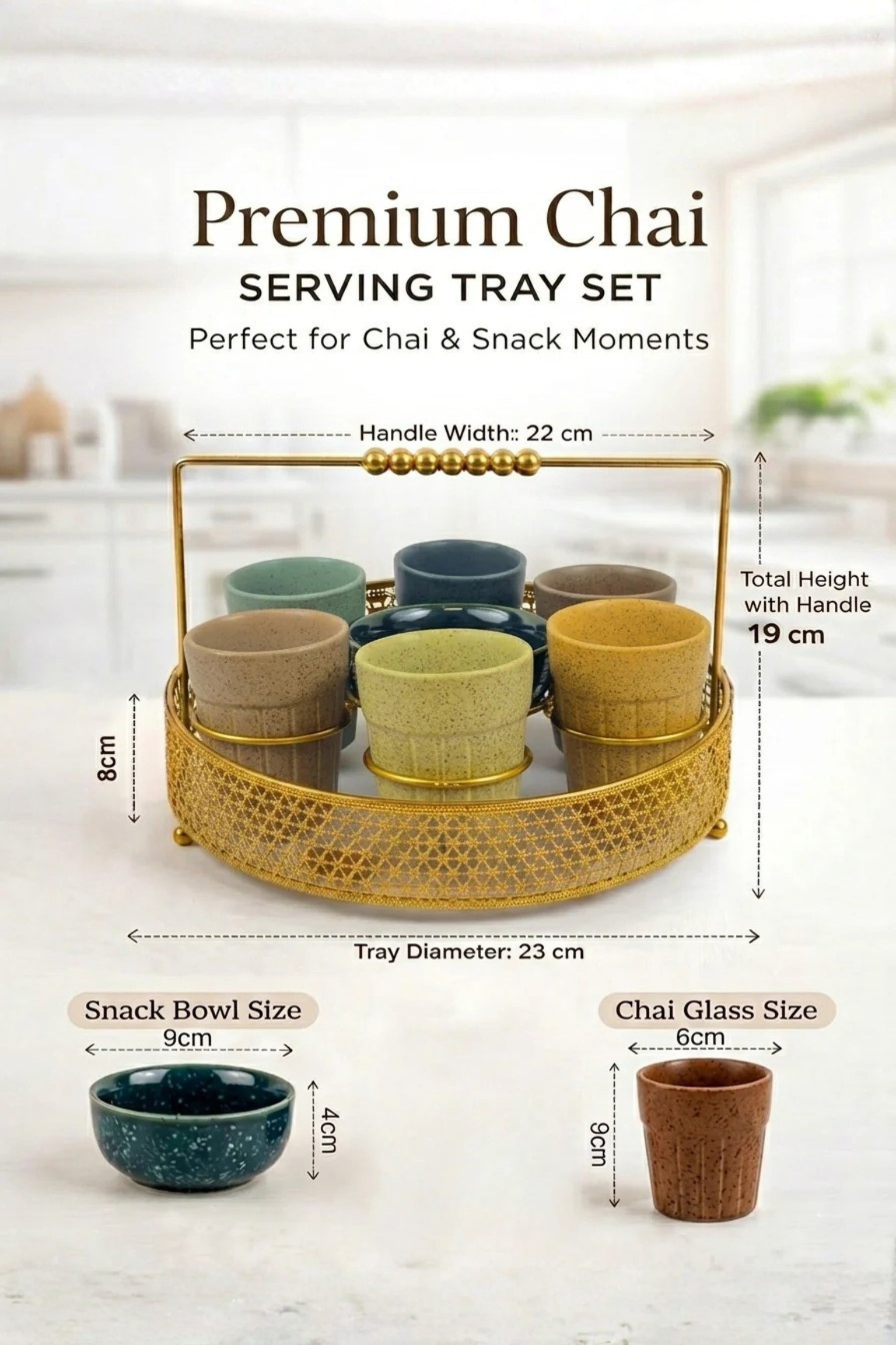 Premium Ceramic Tea Cup Set with Gold Metal Tray | Set of 6 Multicolor Cups with Snack Bowl & Designer Holder | Elegant Tea Coffee Serving Set for Home, Kitchen & Café